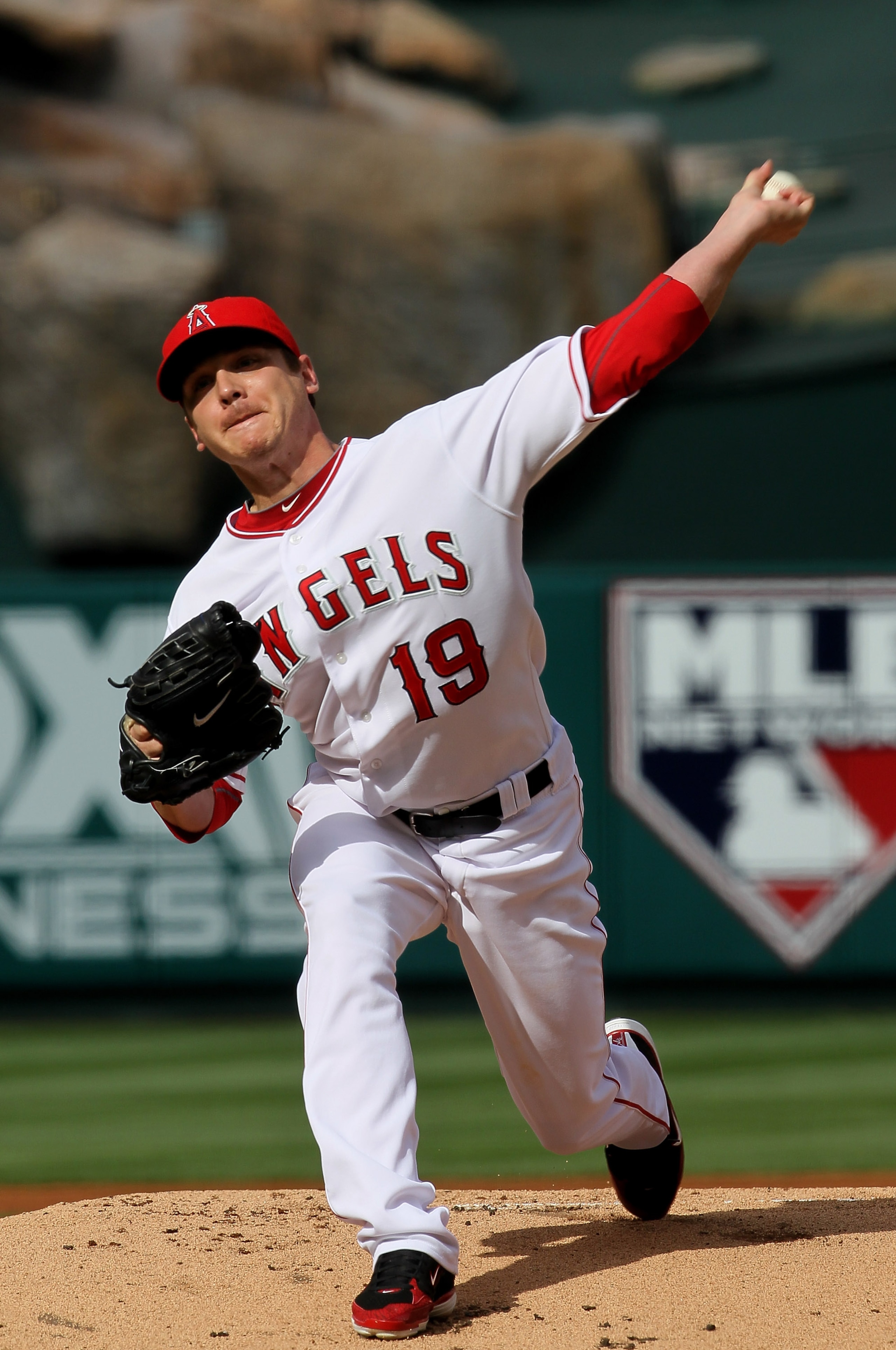 ANAHEIM, CA - SEPTEMBER 8: Scott Zazmir #19 of the Los Angeles Angels of Anaheim throws a pitch against the Cleveland Indians on September 8, 2010 at Angel Stadium in Anaheim, California.  (Photo by Stephen Dunn/Getty Images)