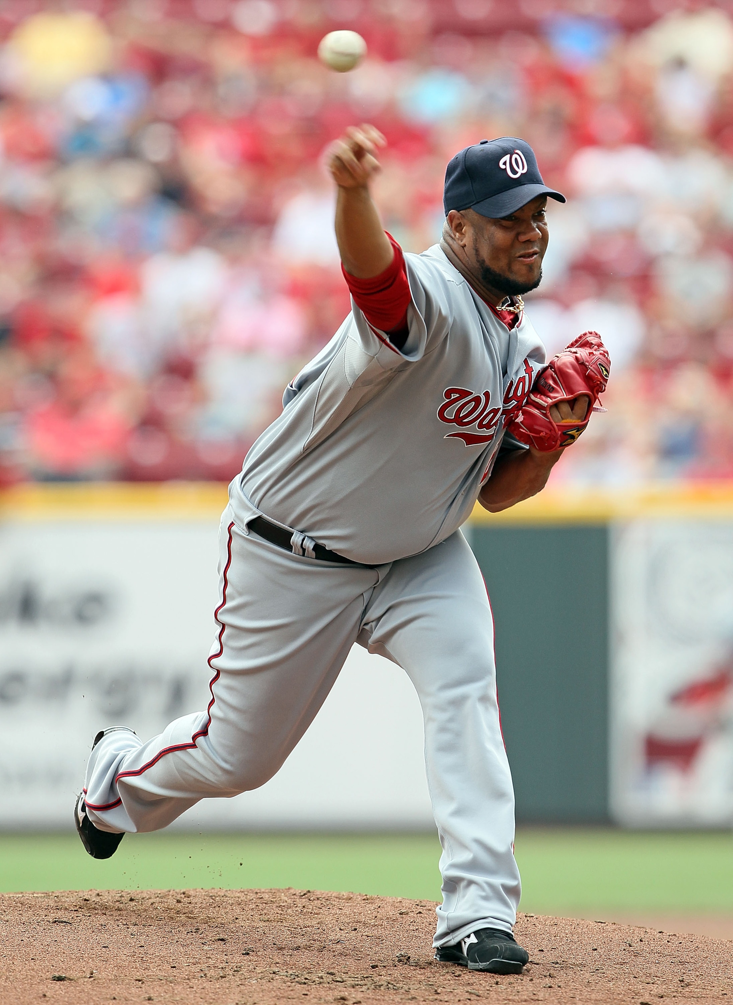 CINCINNATI - JULY 22:  Livan Hernandez #61 of the Washington Nationals throws a pitch during the game against the Cincinnati Reds at Great American Ball Park on July 22, 2010 in Cincinnati, Ohio.  (Photo by Andy Lyons/Getty Images)