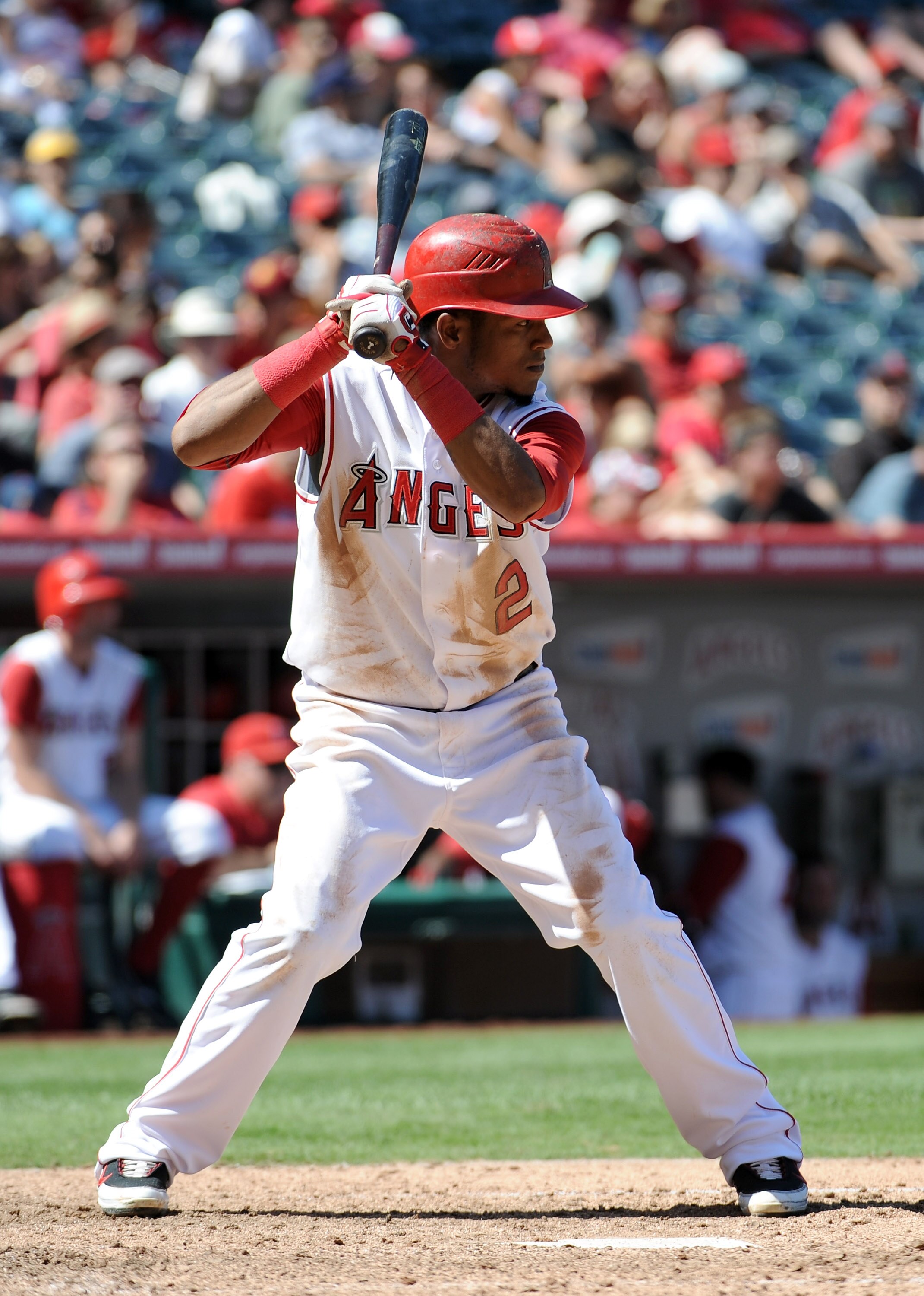 ANAHEIM, CA - SEPTEMBER 12:  Erick Aybar #2 of the Los Angeles Angels of Anaheim at bat against the Seattle Mariners during the game at Angel Stadium on September 12, 2010 in Anaheim, California.  (Photo by Harry How/Getty Images)