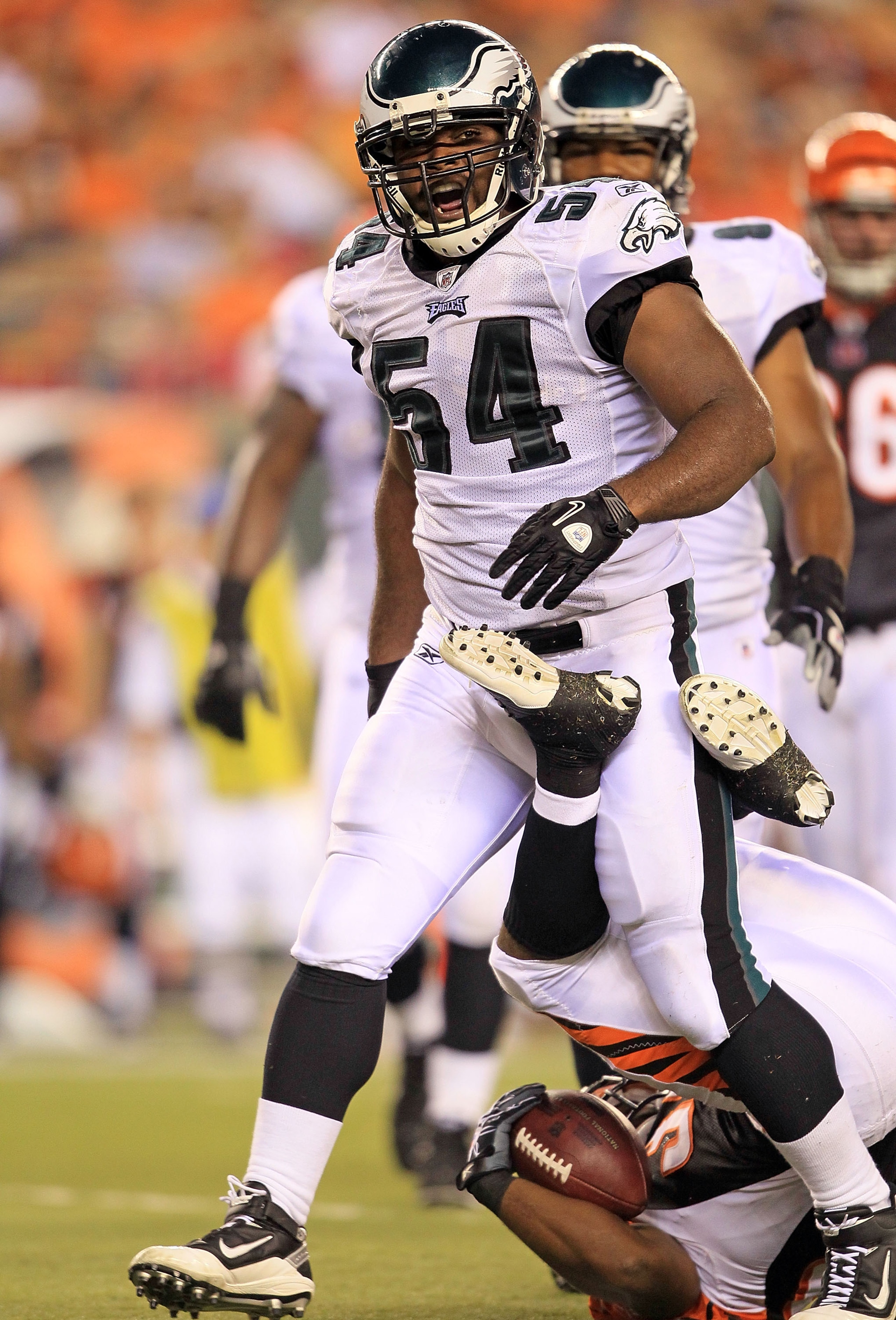 CINCINNATI - AUGUST 20:  Brandon Graham #54 of the Philadelphia Eagles celebrates after making a tackle during the NFL preseason game against the Cincinnati Bengals at Paul Brown Stadium on August 20, 2010 in Cincinnati, Ohio.  (Photo by Andy Lyons/Getty