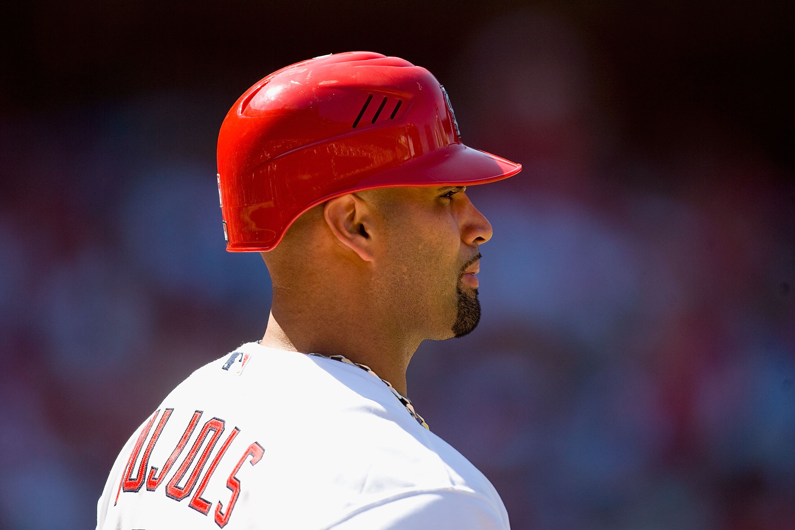 ST. LOUIS - JUNE 20: Albert Pujols #5 of the St. Louis Cardinals waits on deck against the Oakland Athletics at Busch Stadium on June 20, 2010 in St. Louis, Missouri.  (Photo by Dilip Vishwanat/Getty Images)