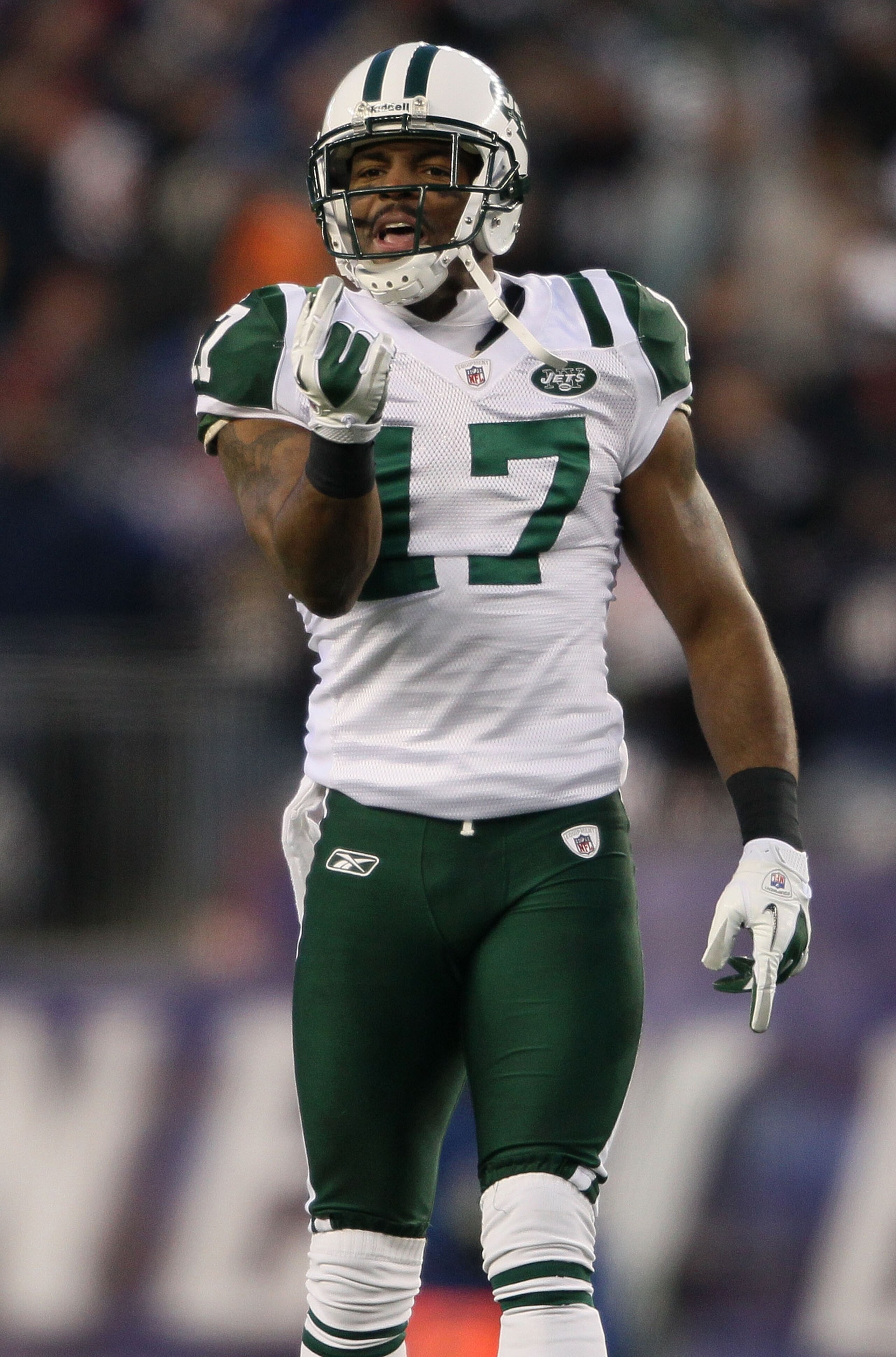 FOXBORO, MA - JANUARY 16:  Wide receiver Braylon Edwards #17 of the New York Jets reacts to a call during their 2011 AFC divisional playoff game against the New England Patriots at Gillette Stadium on January 16, 2011 in Foxboro, Massachusetts.  (Photo by