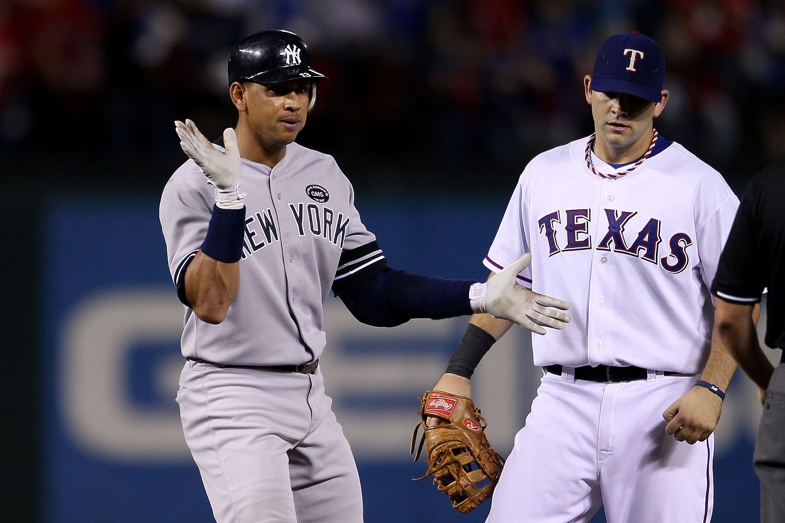 ARLINGTON, TX - OCTOBER 22:  Alex Rodriguez #13 of the New York Yankees reacts after he hit a double in the top of the fifth innning against the Texas Rangers in Game Six of the ALCS during the 2010 MLB Playoffs at Rangers Ballpark in Arlington on October