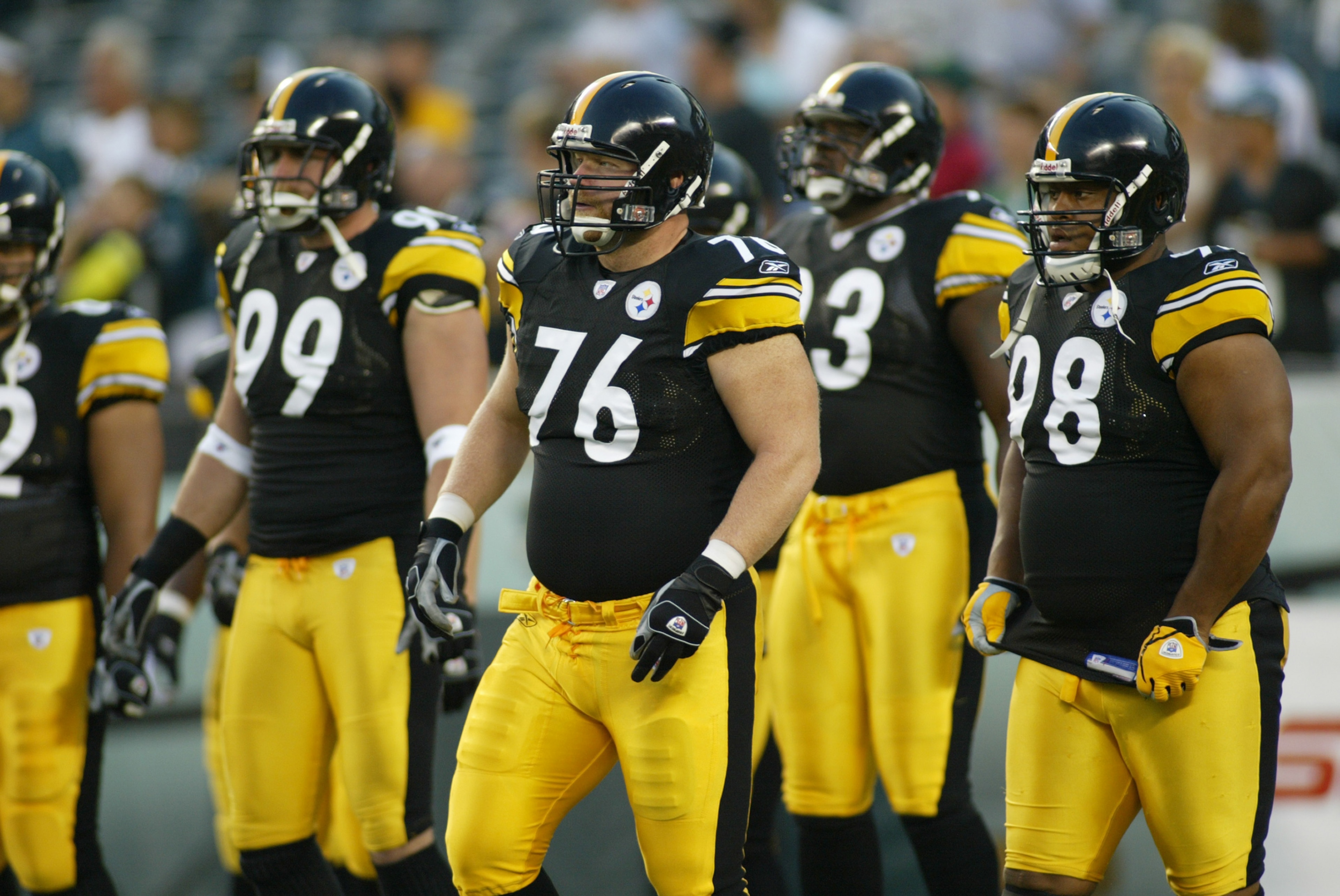 PHILADELPHIA - AUGUST 25: Defensive tackles Chris Hoke #76 and Casey Hampton #98 of the Pittsburgh Steelers stand on the field during a preseason game against the Philadelphia Eagles on August 25, 2006 at Lincoln Financial Field in Philadelphia, Pennsylv PHILADELPHIA - AUGUST 25: Defensive tackles Chris Hoke #76 and Casey Hampton #98 of the Pittsburgh Steelers stand on the field during a preseason game against the Philadelphia Eagles on August 25, 2006 at Lincoln Financial Field in Philadelphia, Pennsylv