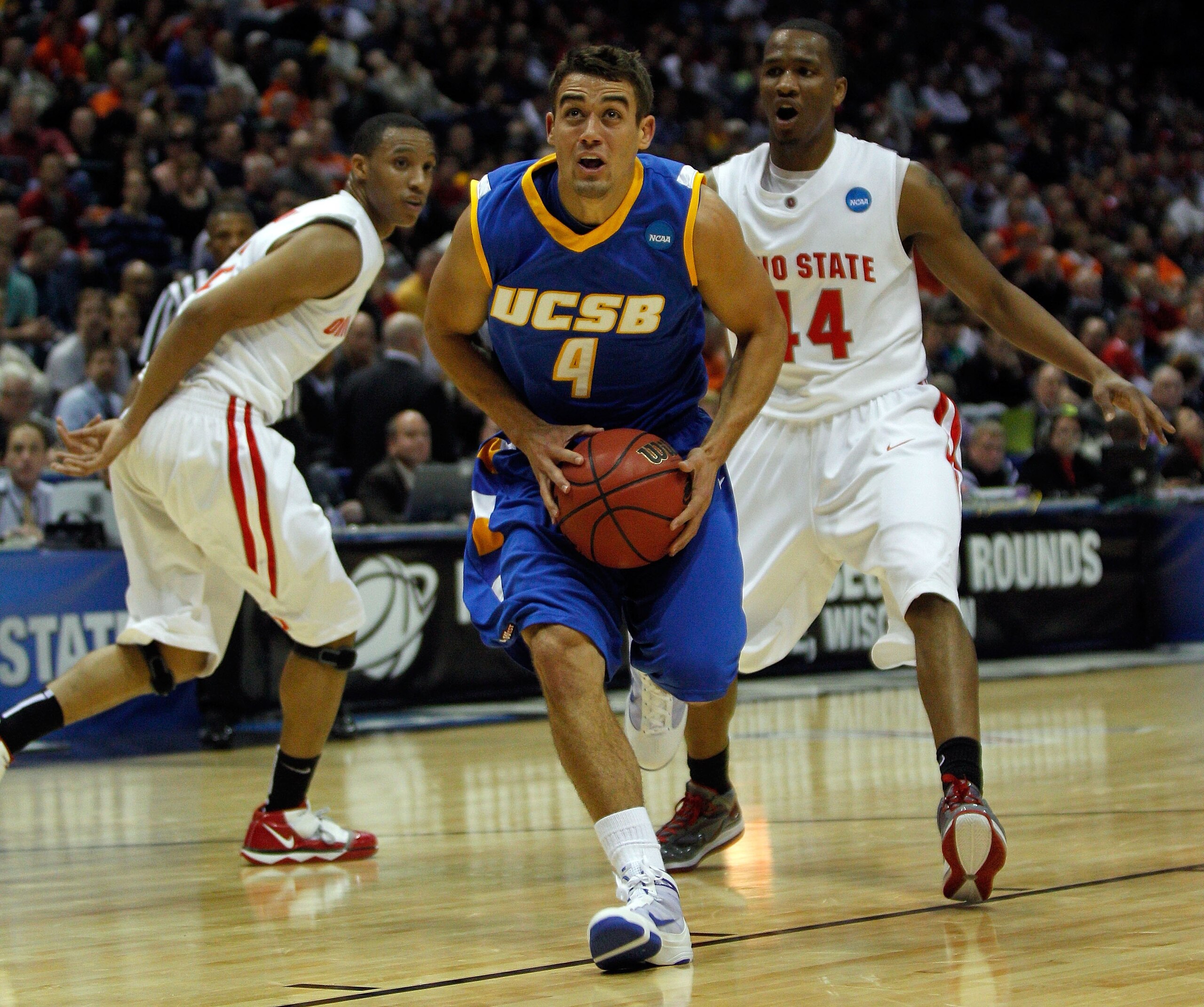 MILWAUKEE - MARCH 19:  Paul Roemer #4 of the UC Santa Barbara Gauchos goes up for a layup in the first half against the Ohio State Buckeyes during the first round of the 2010 NCAA men's basketball tournament at the Bradley Center on March 19, 2010 in Milw