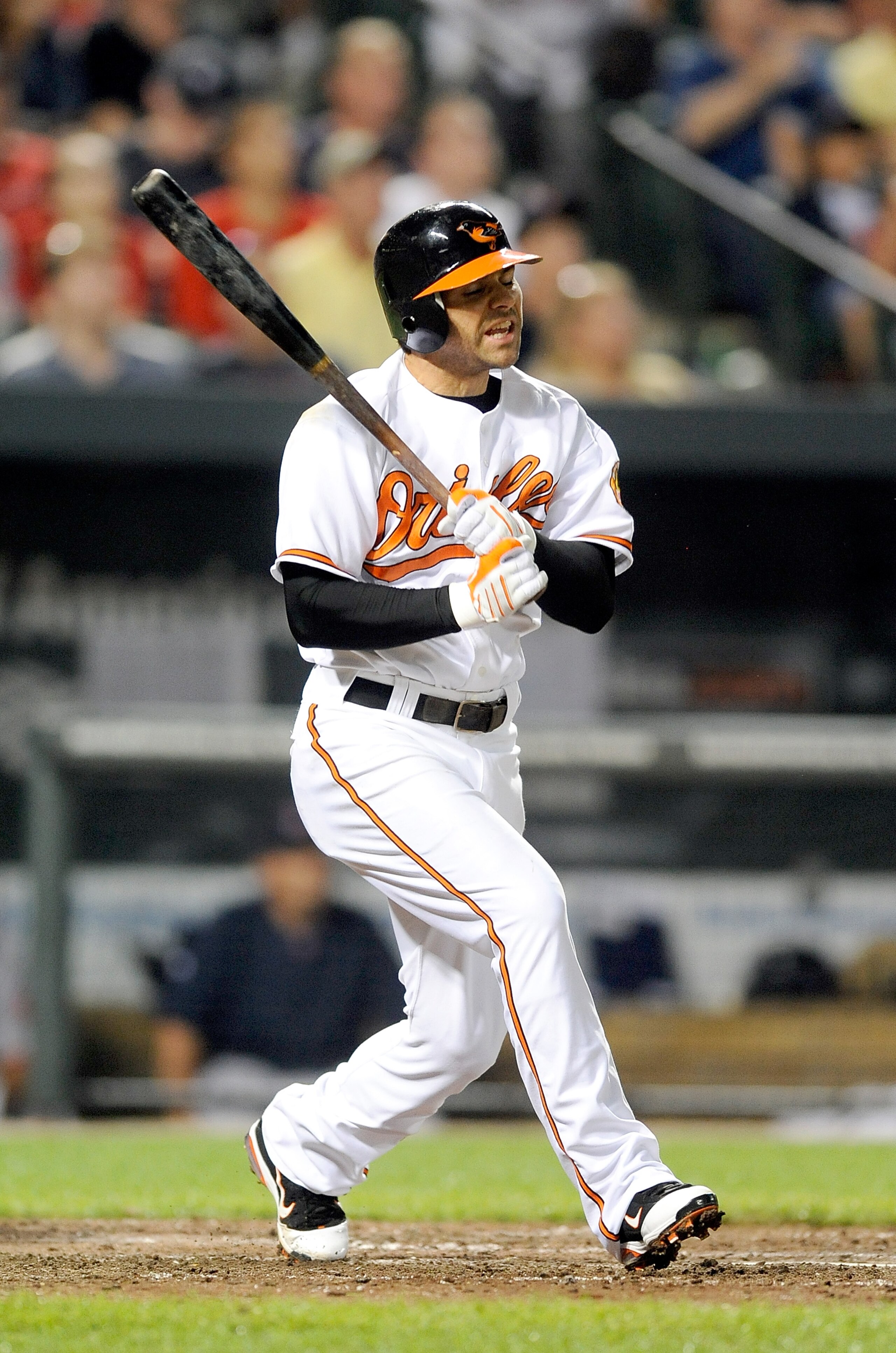 BALTIMORE - SEPTEMBER 02:  Brian Roberts #1 of the Baltimore Orioles reacts after flying out to end the seventh inning against the Boston Red Sox at Camden Yards on September 2, 2010 in Baltimore, Maryland.  (Photo by Greg Fiume/Getty Images)