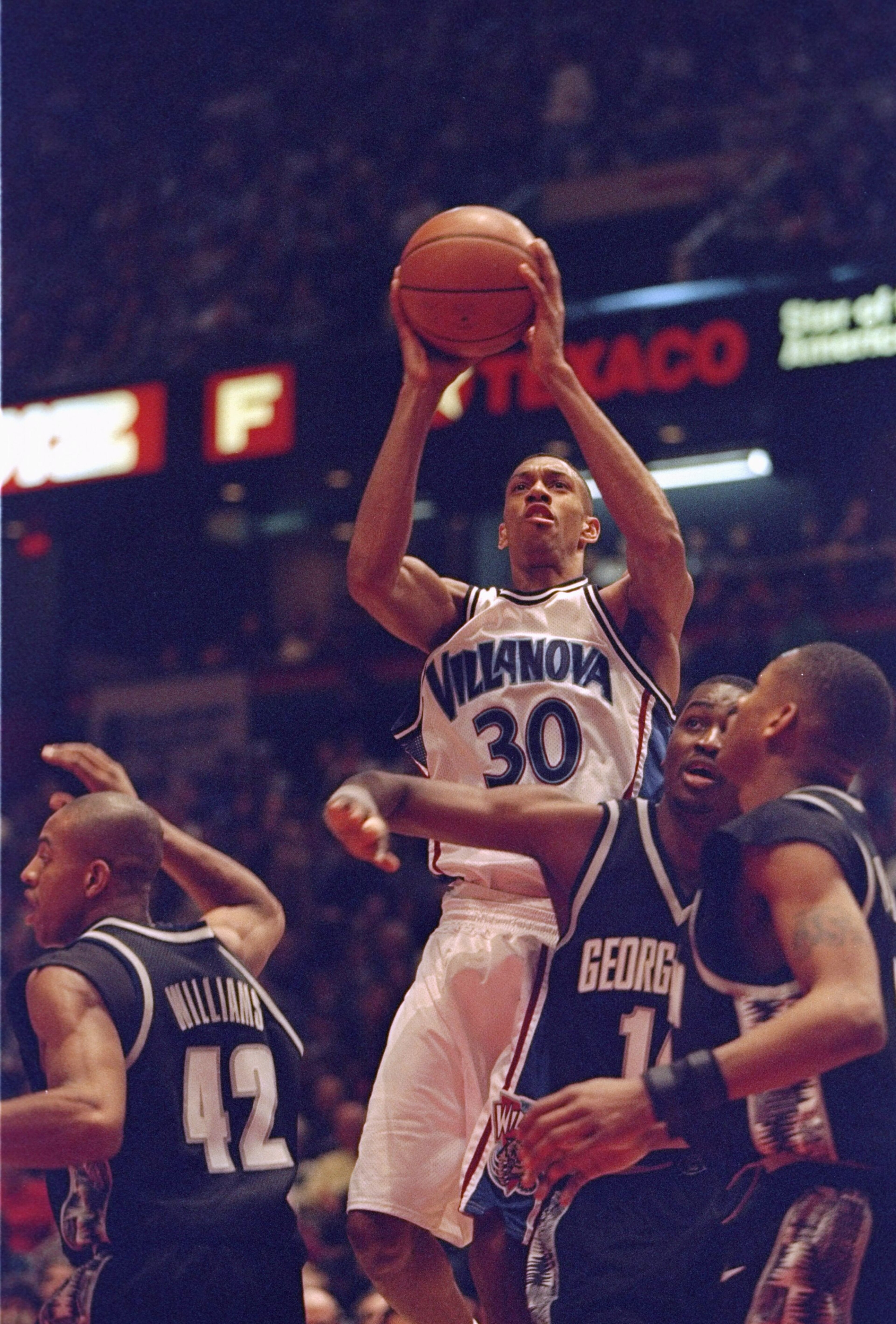 5 Mar 1996:  Guard Kerry Kittles of the Villanova Wildcats moves the ball during a game against the Georgetown Hoyas at the Spectrum in Philadelphia, Pennsylvania.  Villanova won the game, 79-66. Mandatory Credit: Doug Pensinger  /Allsport