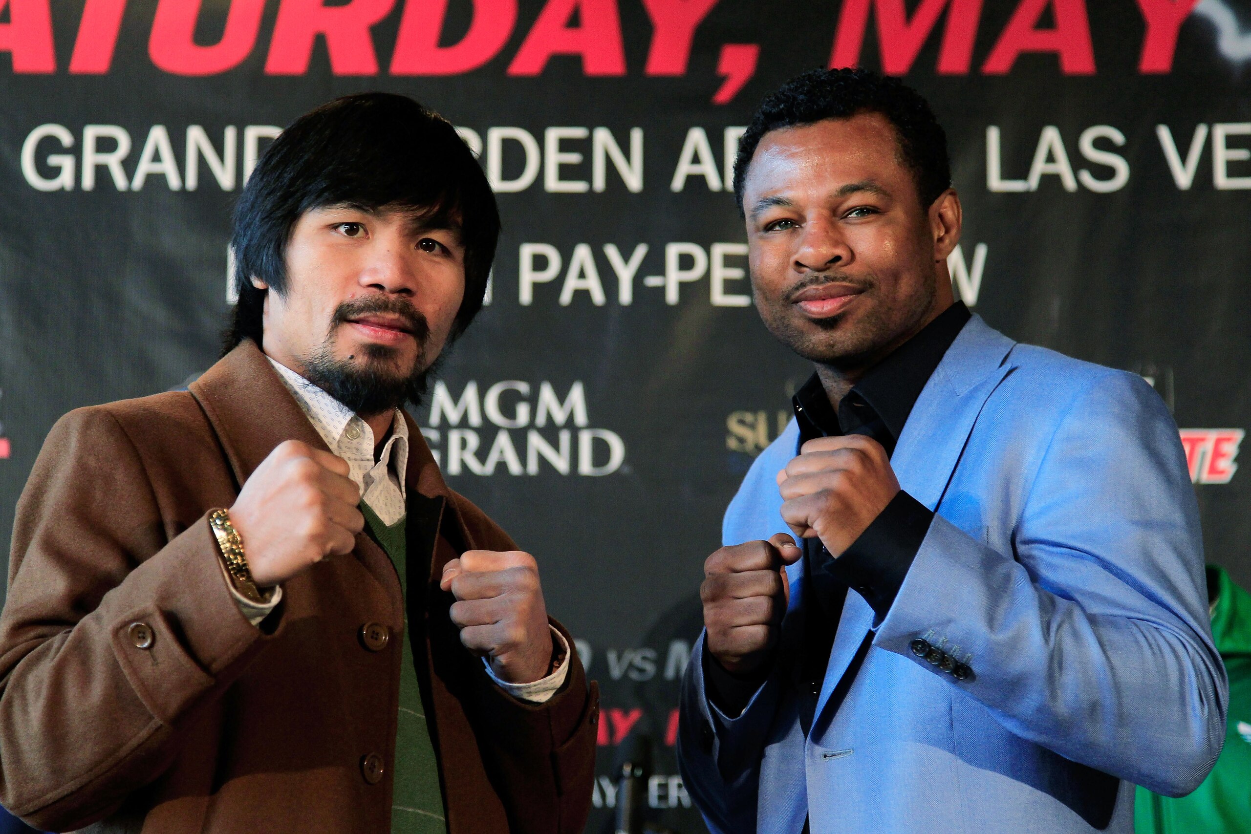 NEW YORK, NY - FEBRUARY 14:  (L) Manny Pacquiao and (R) Shane Mosley pose to promote their upcoming fight at The Lighthouse at Chelsea Piers on February 14, 2011 in New York City.  (Photo by Chris Trotman/Getty Images)