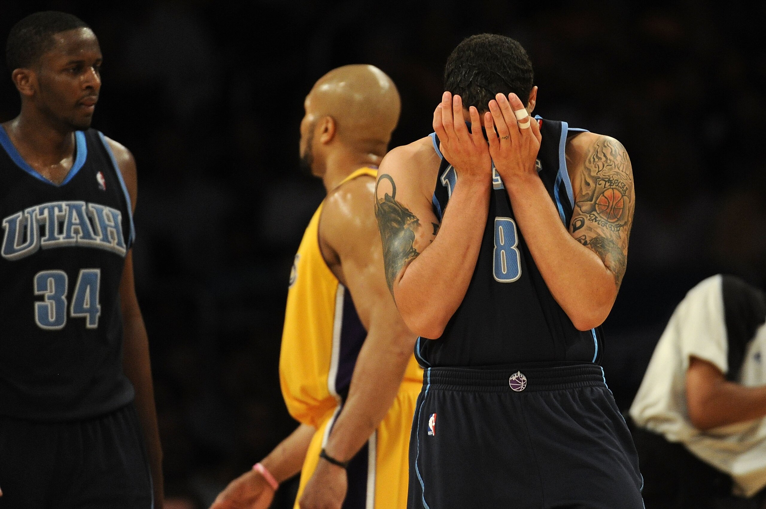 LOS ANGELES, CA - MAY 04:  Deron Williams #8 of the Utah Jazz reacts during Game Two of the Western Conference Semifinals against the Los Angeles Lakers during the 2010 NBA Playoffs at Staples Center on May 4, 2010 in Los Angeles, California.  (Photo by H