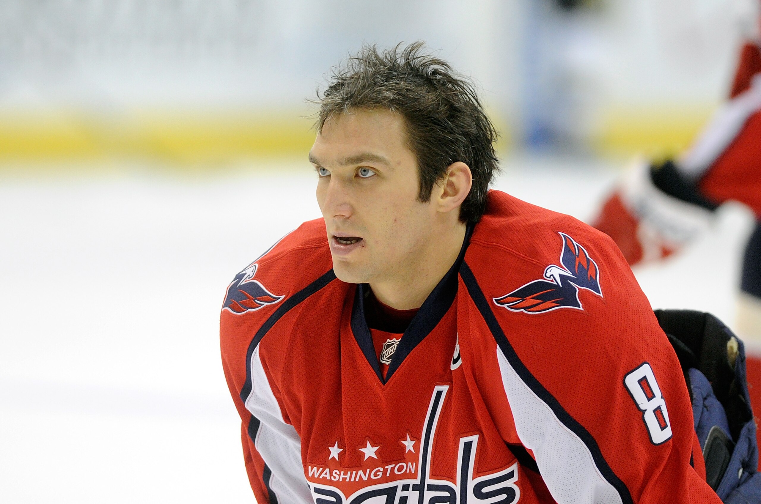 WASHINGTON, DC - FEBRUARY 06:  Alex Ovechkin #8 of the Washington Capitals warms up before the game against the Pittsburgh Penguins at the Verizon Center on February 6, 2011 in Washington, DC.  (Photo by Greg Fiume/Getty Images)