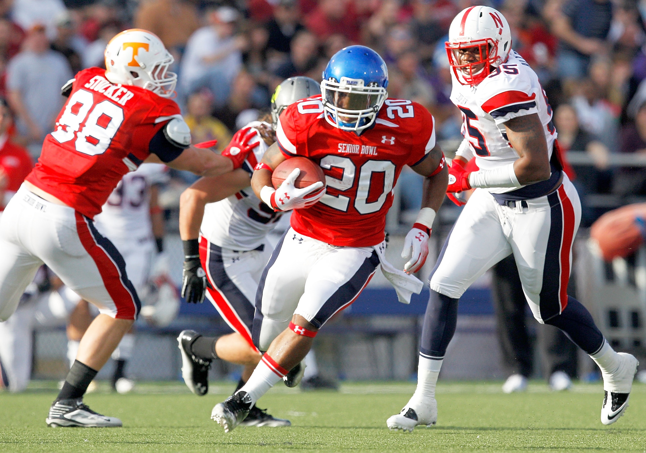 MOBILE, AL - JANUARY 29: Running back Derrick Locke #20 of the South Team runs for a fist down against the North Team during the second quarter of the Under Armour Senior Bowl January 29, 2011 at Ladd Peebles Stadium in Mobile, Alabama.  (Photo by Sean Ga