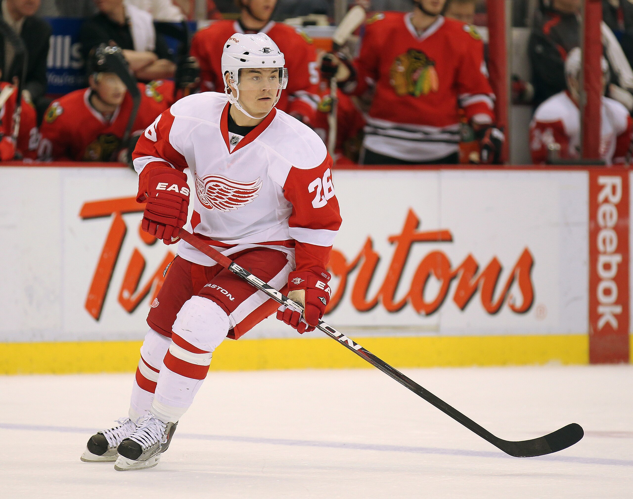 DETROIT, MI - JANUARY 22:  Jiri Hudler #26 of the Detroit Red Wings skates in a game against the Chicago Black Hawks on January 22, 2011 at the Joe Louis Arena in Detroit, Michigan. The Hawks defeated the Wings 4-1. (Photo by Claus Andersen/Getty Images)