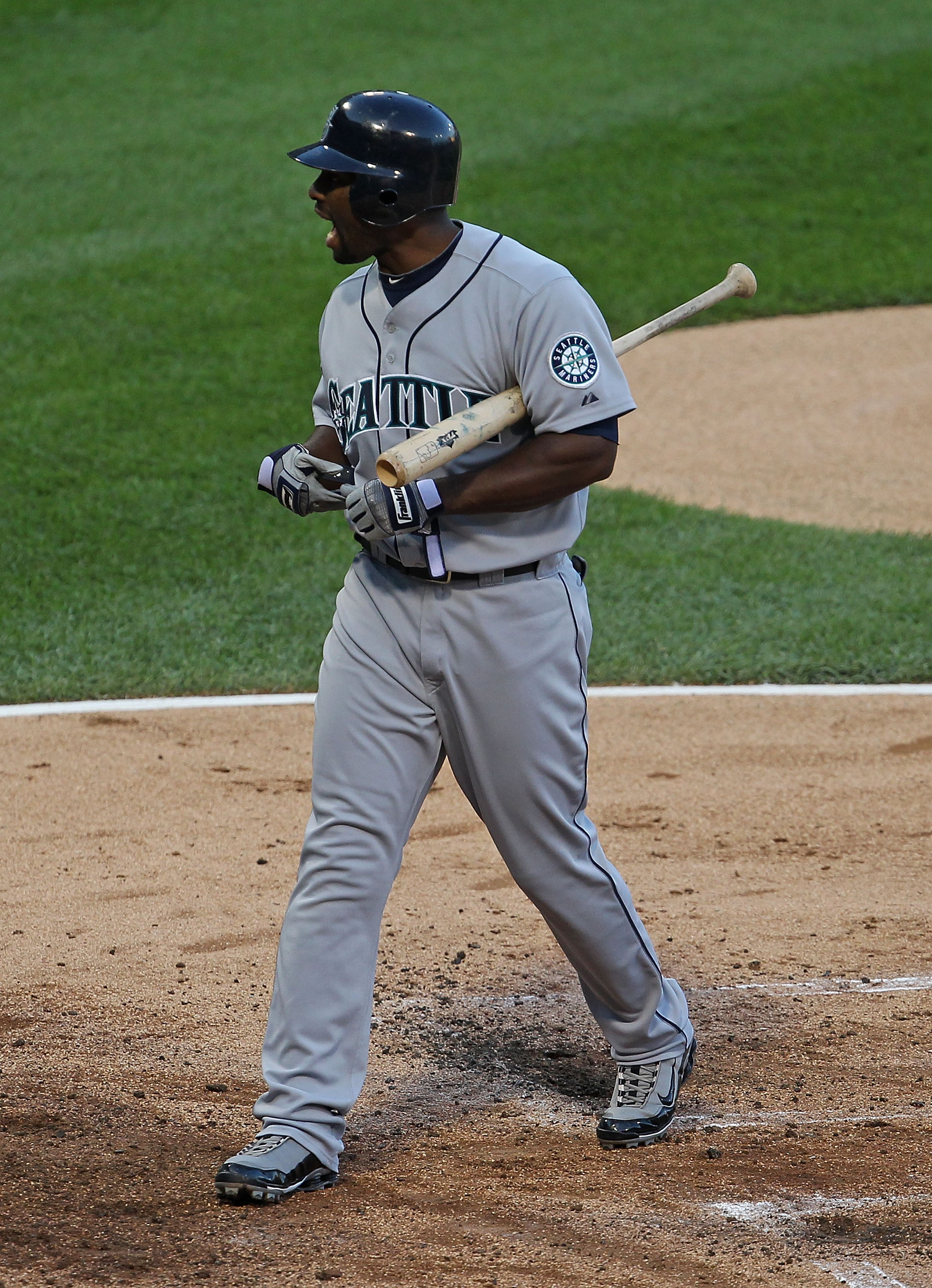 Seattle Mariners third baseman Adrian Beltre #29 is told by the home plate  umpire to take his base after being hit by a pitch at the Rogers Centre in  Toronto in an