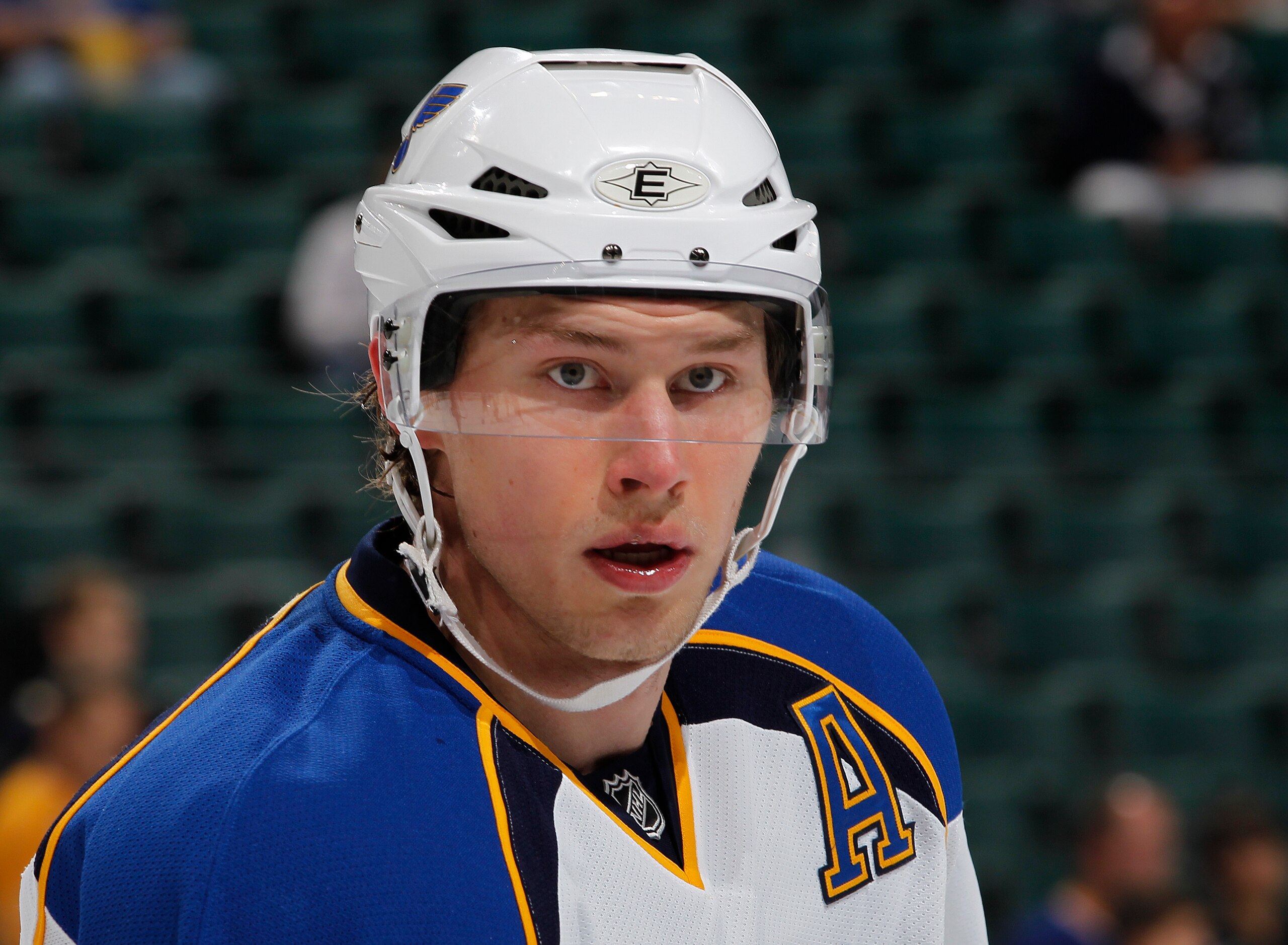 SUNRISE, FL - FEBRUARY 8: Erik Johnson #6 of the St. Louis Blues skates prior to the NHL game against the Florida Panthers on February 8, 2011 at the BankAtlantic Center in Sunrise, Florida. The Blues defeated the Panthers 2-1. (Photo by Joel Auerbach/Get