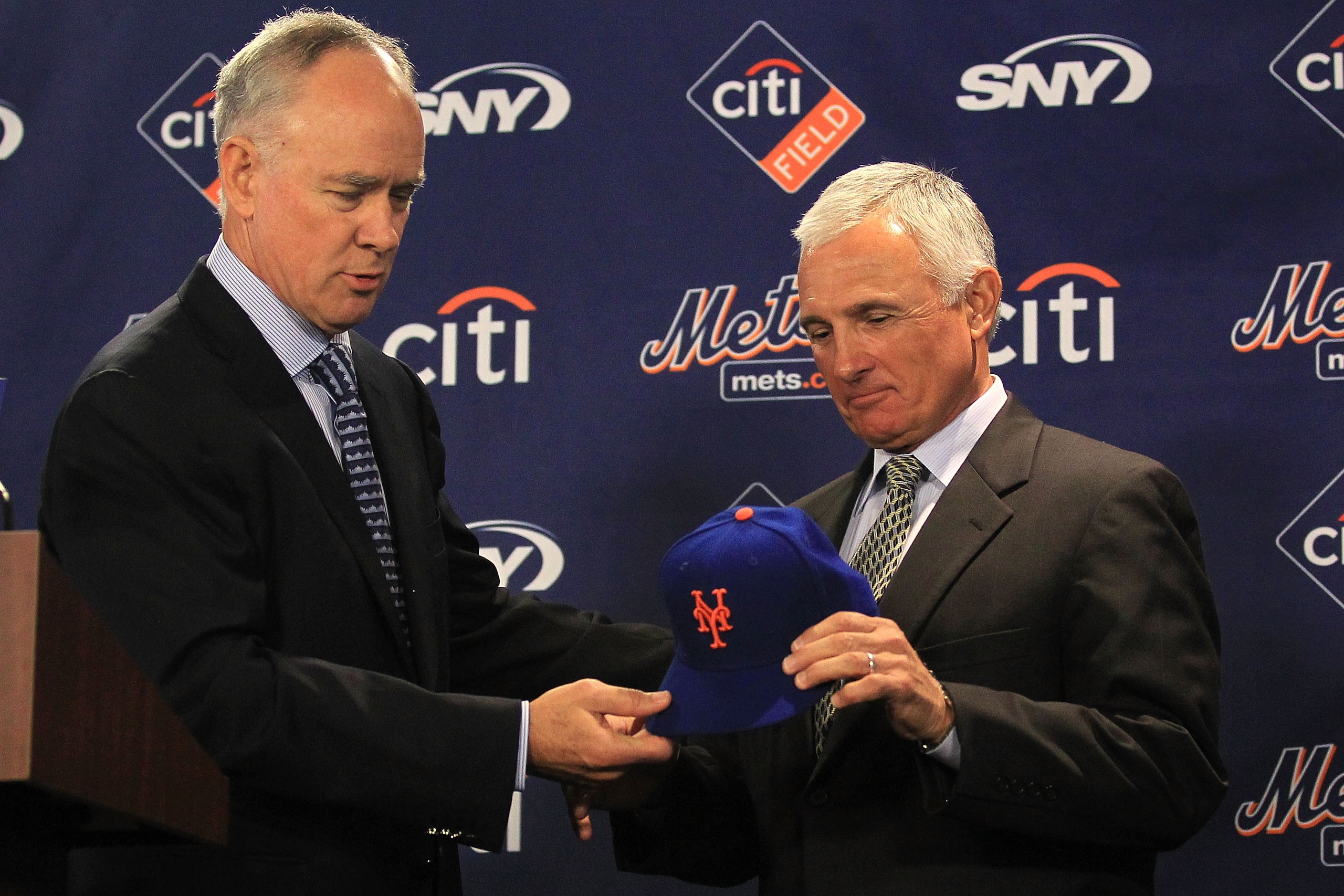 NEW YORK - NOVEMBER 23: New York Mets General Manager Sandy Alderson introduces the new Mets manager Terry Collins during a press conference  at Citi Field on November 23, 2010 in the Flushing neighborhood, of the Queens borough of New York City.  (Photo