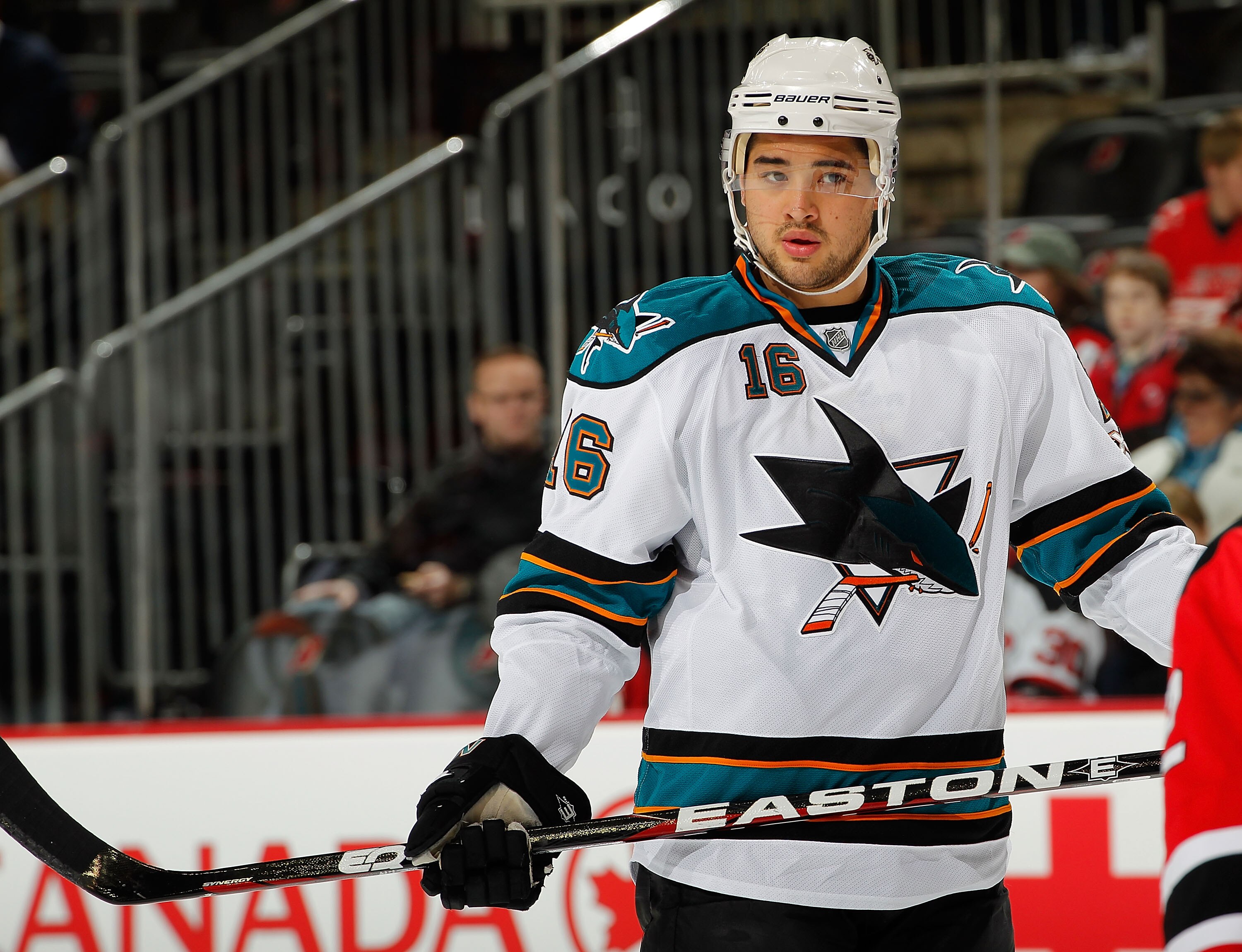 NEWARK, NJ - FEBRUARY 11: Devin Setoguchi #16 of the San Jose Sharks waits for a faceoff during an NHL hockey game against the New Jersey Devils on February 11, 2011 at the Prudential Center in Newark, New Jersey. (Photo by Paul Bereswill/Getty Images)