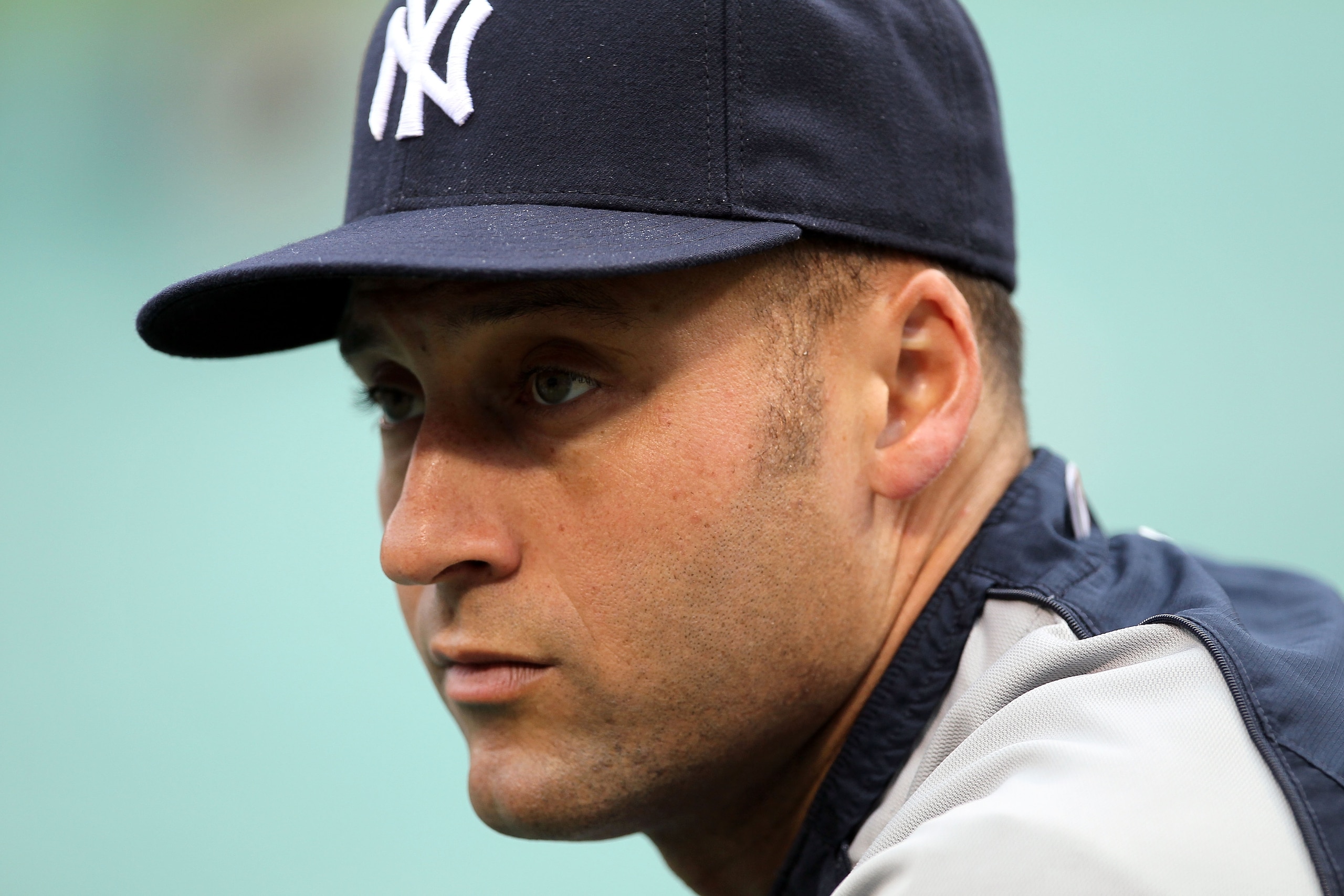 ARLINGTON, TX - OCTOBER 22:  Derek Jeter #2 of the New York Yankees looks on during batting practice against the Texas Rangers in Game Six of the ALCS during the 2010 MLB Playoffs at Rangers Ballpark in Arlington on October 22, 2010 in Arlington, Texas.