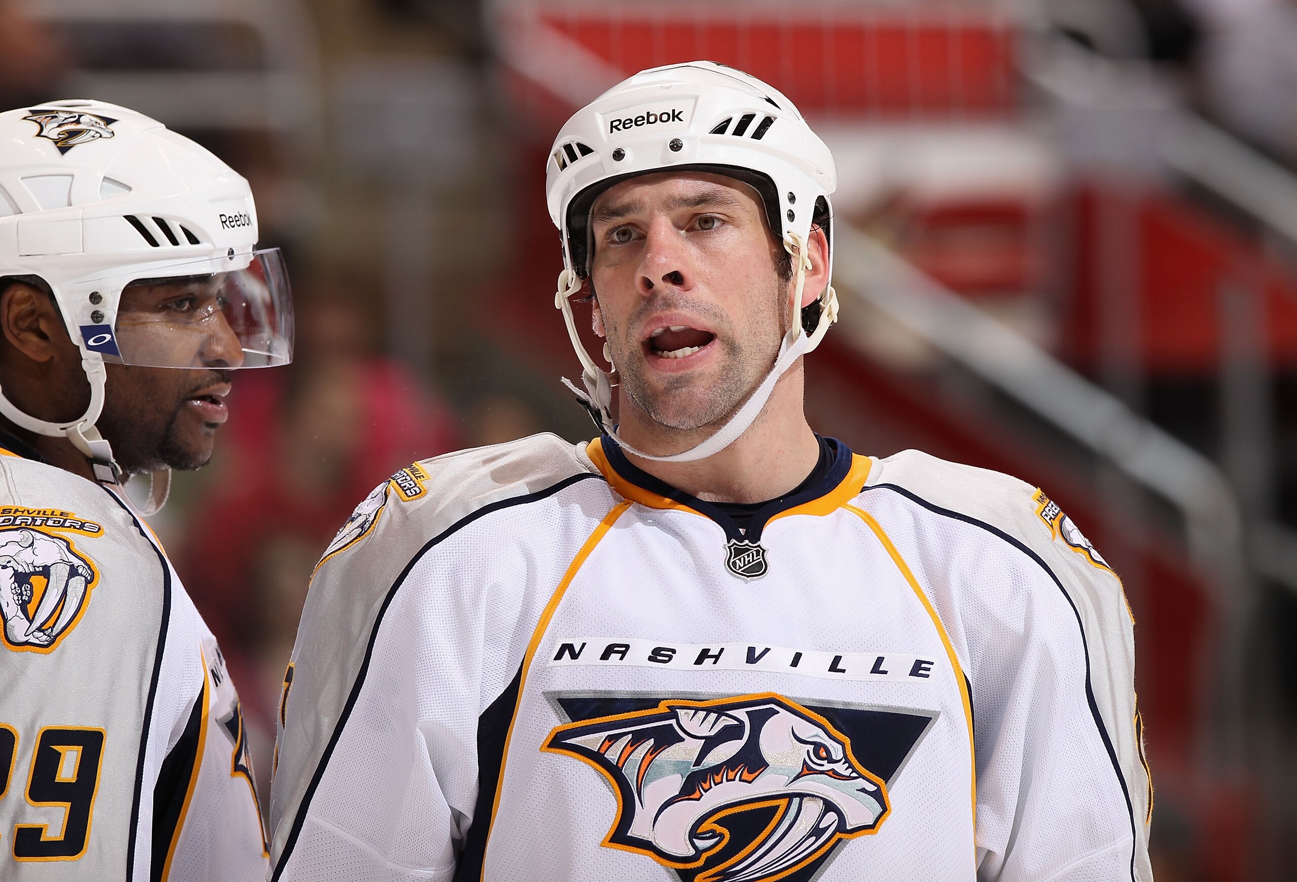 GLENDALE, AZ - JANUARY 18:  J.P. Dumont #71 of the Nashville Predators talks with Joel Ward #29 during the NHL game against the Phoenix Coyotes at Jobing.com Arena on January 18, 2011 in Glendale, Arizona.  The Predators defeated the Coyotes 5-2.  (Photo