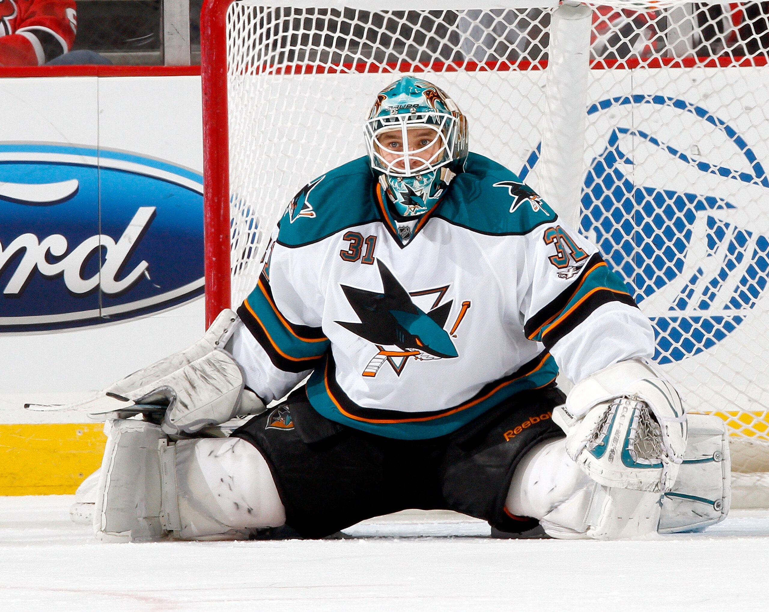 NEWARK, NJ - FEBRUARY 11: Goalie Antti Niemi #31 of the San Jose Sharks waits during an NHL hockey game against the New Jersey Devils on February 11, 2011 at the Prudential Center in Newark, New Jersey. (Photo by Paul Bereswill/Getty Images)
