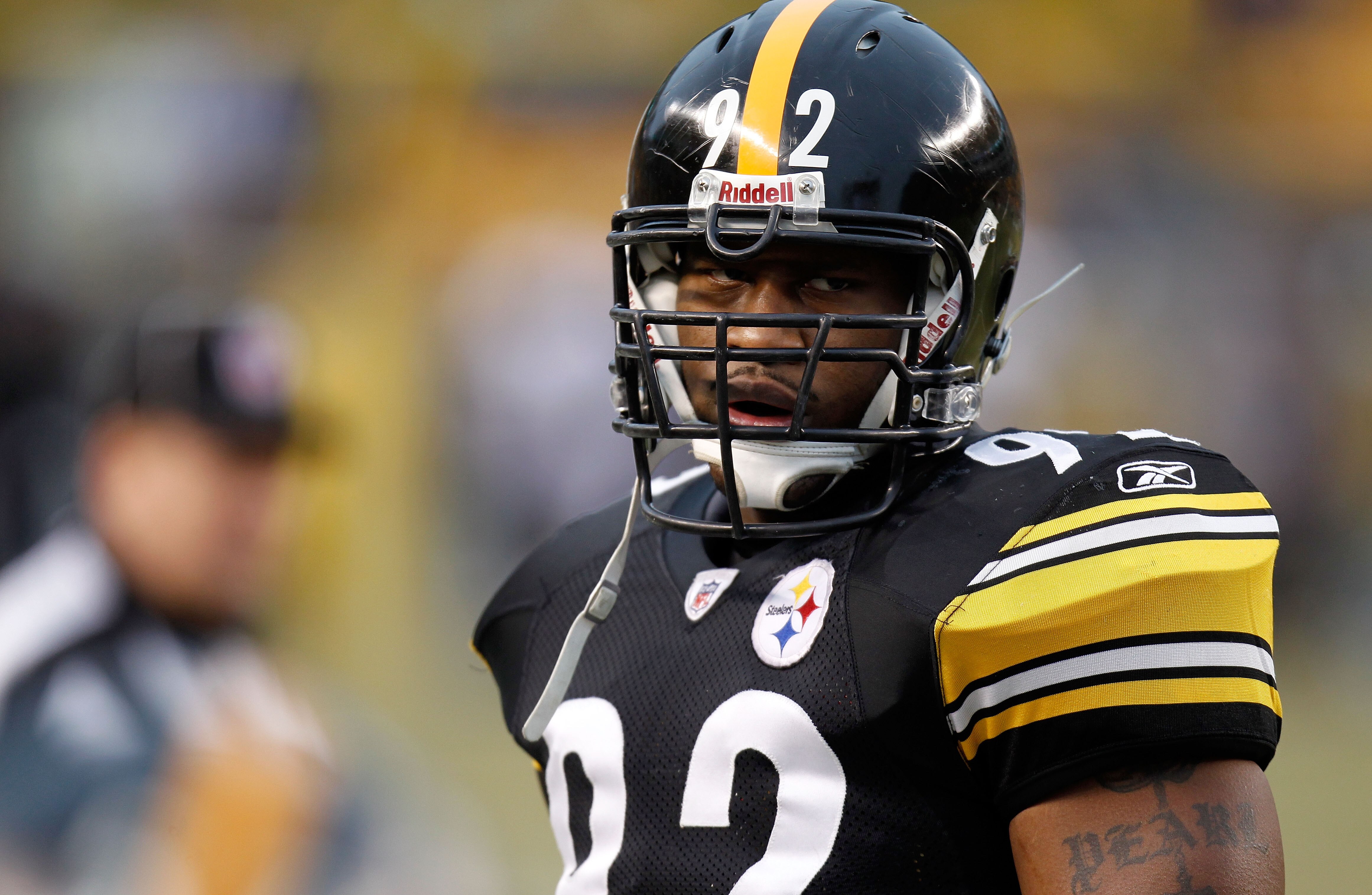 PITTSBURGH, PA - JANUARY 15:  Linebacker James Harrison #92 of the Pittsburgh Steelers warms up prior to playing the Baltimore Ravens in the AFC Divisional Playoff Game at Heinz Field on January 15, 2011 in Pittsburgh, Pennsylvania.  (Photo by Gregory Sha