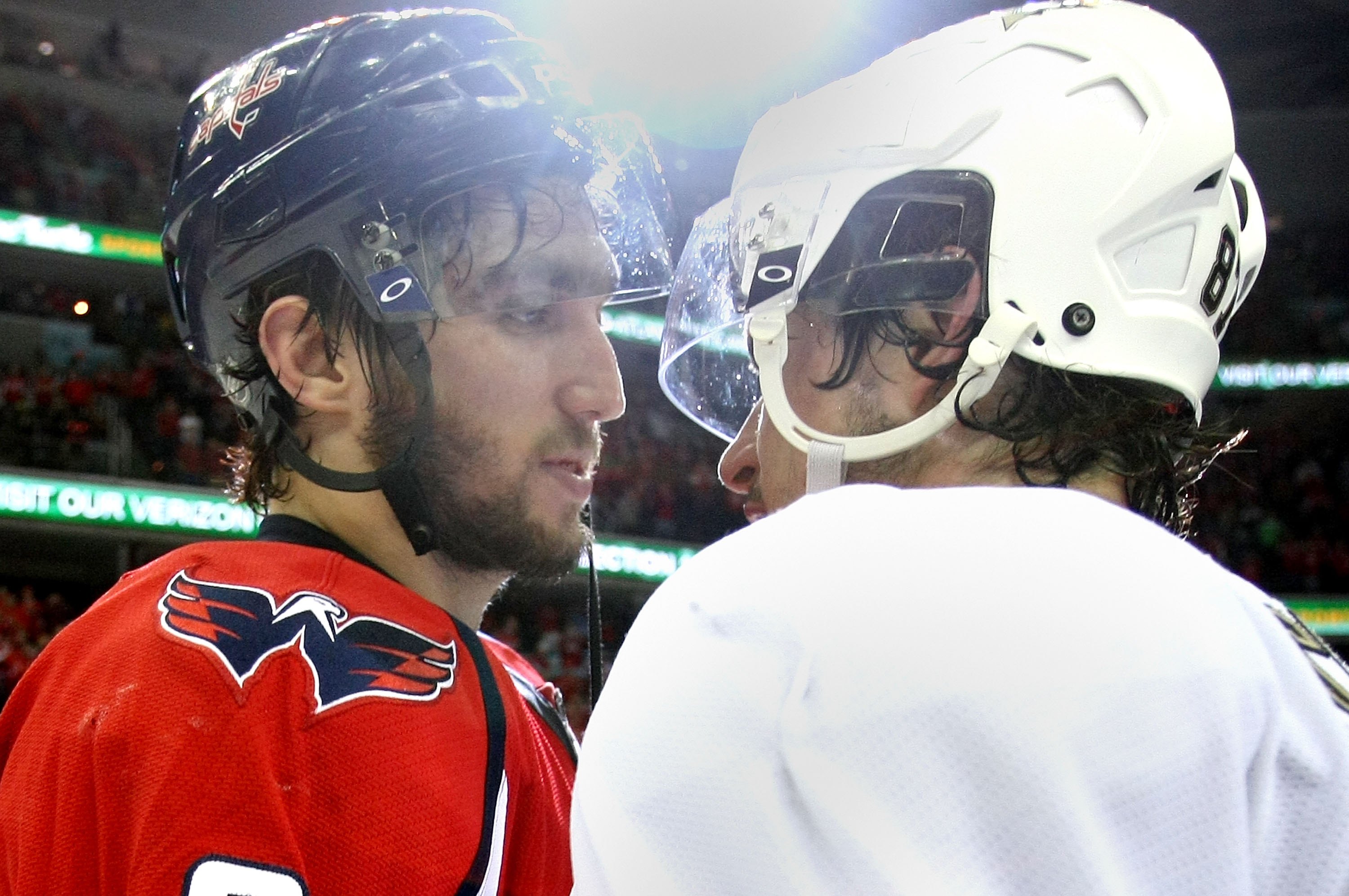 WASHINGTON - MAY 13:  Alex Ovechkin #8 of the Washington Capitals and Sidney Crosby #87 of the Pittsburgh Penguins shake hands after Pittsburgh's 6-2 victory in Game Seven of the Eastern Conference Semifinal  Round of the 2009 Stanley Cup Playoffs at Veri
