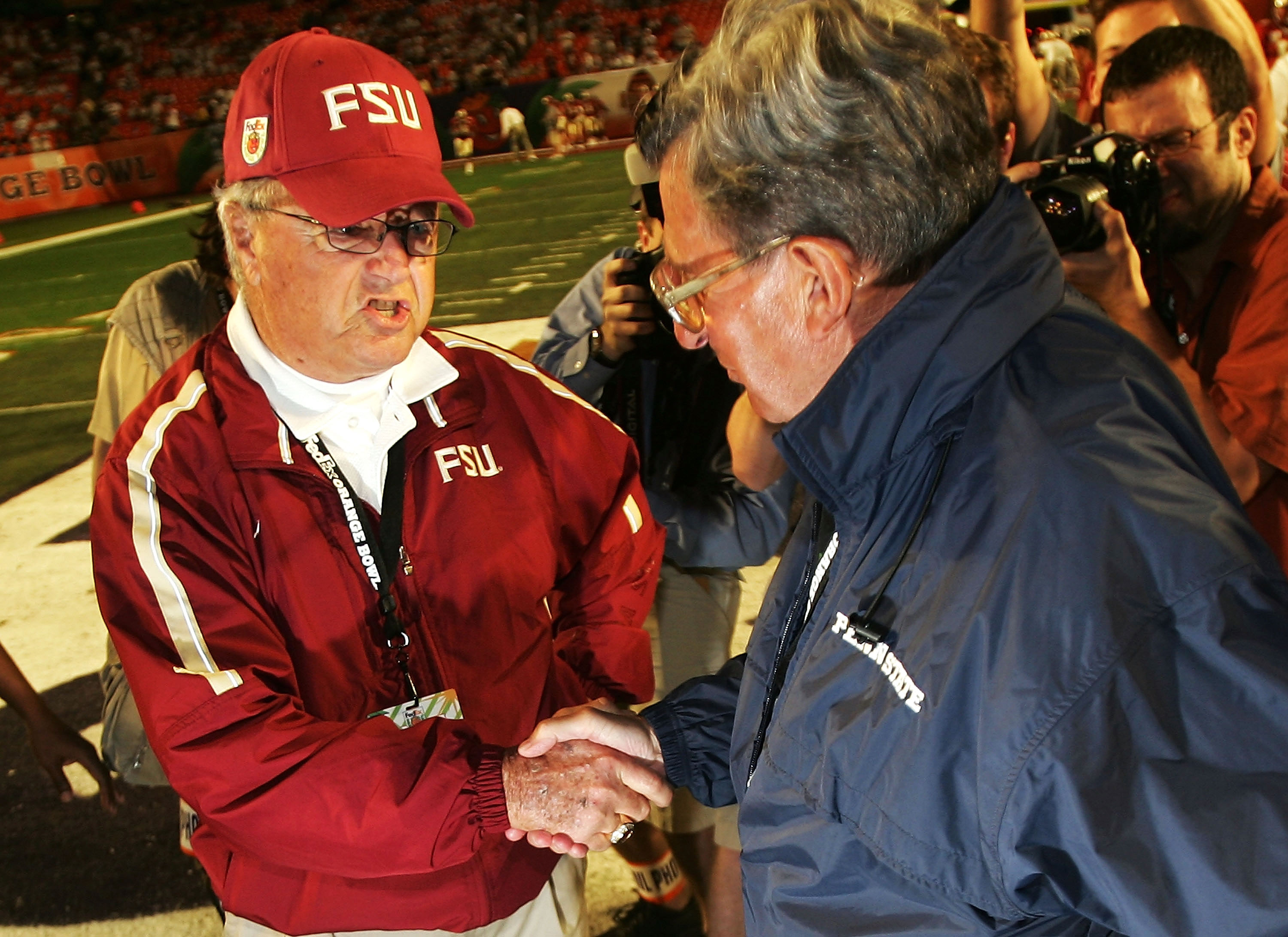 MIAMI - JANUARY 3:  Head Coach Joe Paterno (R) of the Penn State Nittany Lions and Head Coach Bobby Bowden of the Florida State Seminoles shake hands before the FedEx Orange Bowl on January 3, 2006 at Dolphins Stadium in Miami, Florida.  (Photo by Al Bell