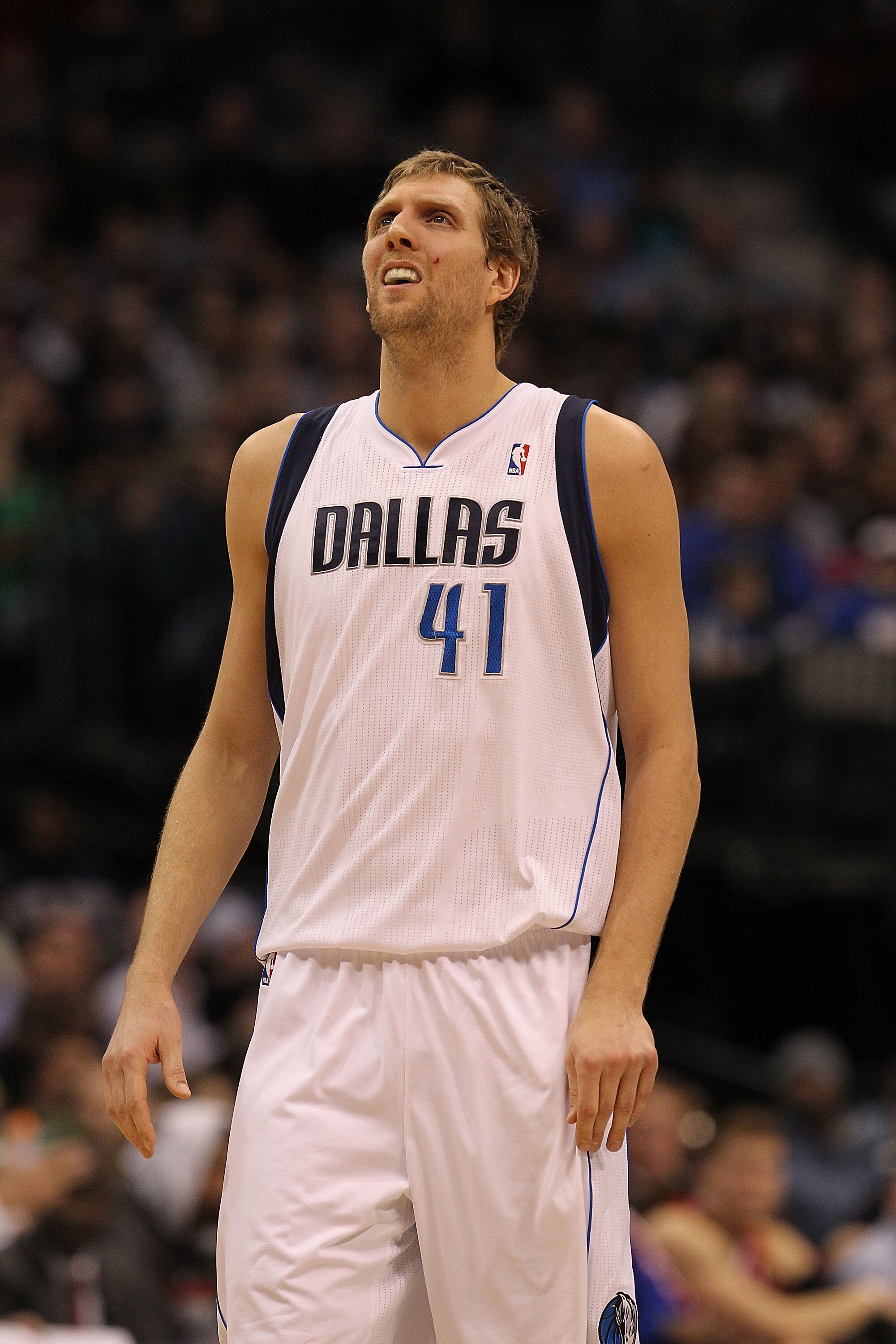 DALLAS, TX - JANUARY 25:  Forward Dirk Nowitzki #41 of the Dallas Mavericks holds his eye after being hit during play against the Los Angeles Clippers at American Airlines Center on January 25, 2011 in Dallas, Texas.  NOTE TO USER: User expressly acknowle