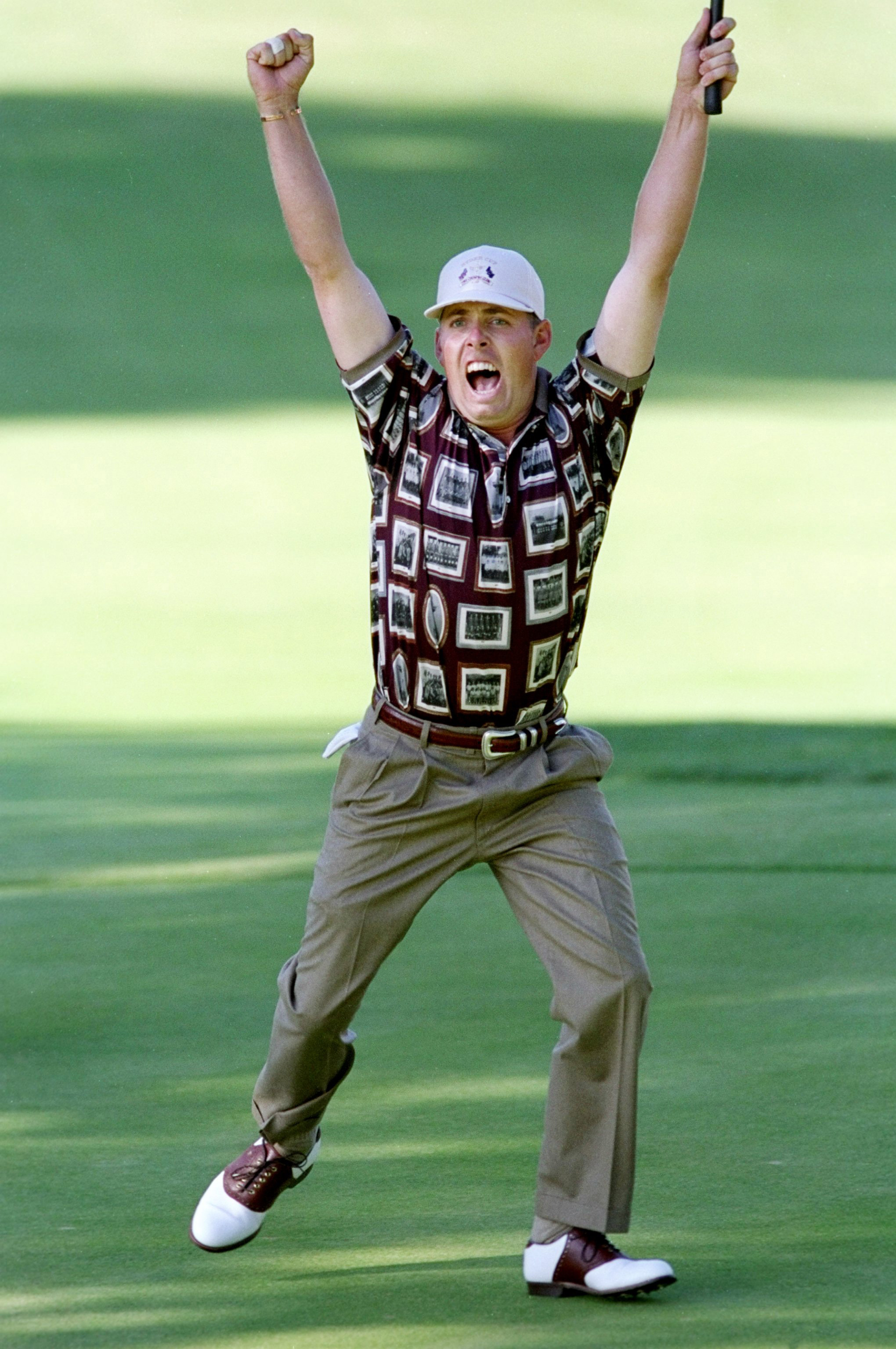 26 Sep 1999:  Justin Leonard of the USA celebrates holing a long birdie putt on the 17th green during the final day of the 33rd Ryder Cup at Brookline Country Club, Boston, Massachusetts, USA. \ Mandatory Credit: Rusty Jarrett /Allsport