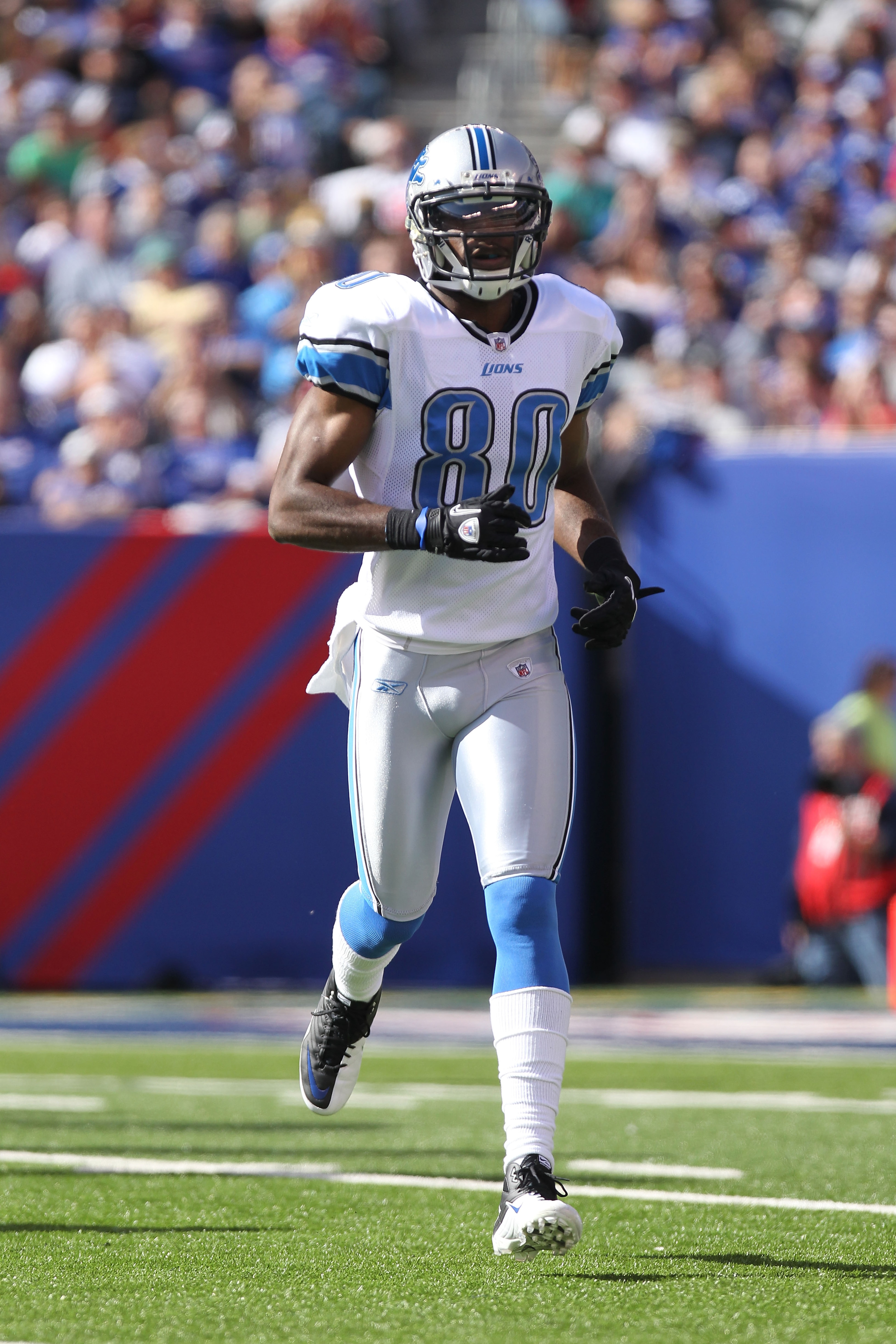 EAST RUTHERFORD, NJ - OCTOBER 17: Bryant Johnson #80 of the Detroit Lions against the New York Giants at New Meadowlands Stadium on October 17, 2010 in East Rutherford, New Jersey.  (Photo by Nick Laham/Getty Images)
