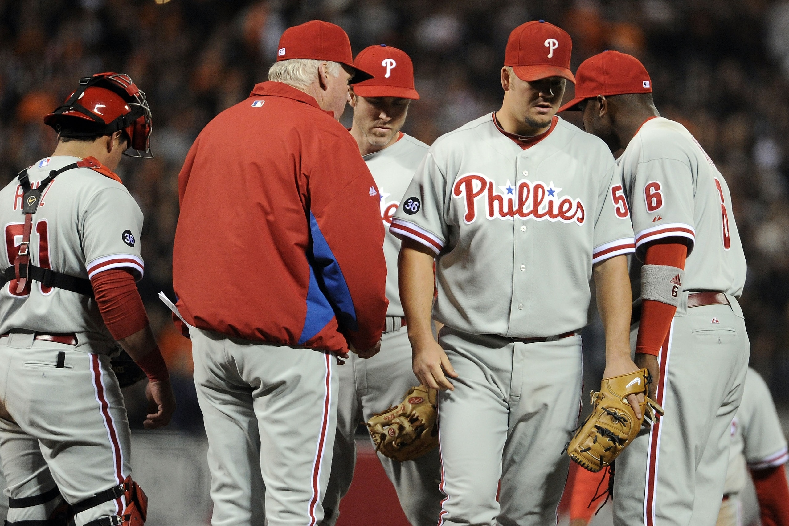 SAN FRANCISCO - OCTOBER 20:  Joe Blanton #56 of the Philadelphia Phillies is pulled in the fifth inning by manager Charlie Manuel in Game Four of the NLCS against the San Francisco Giants during the 2010 MLB Playoffs at AT&T Park on October 20, 2010 in Sa