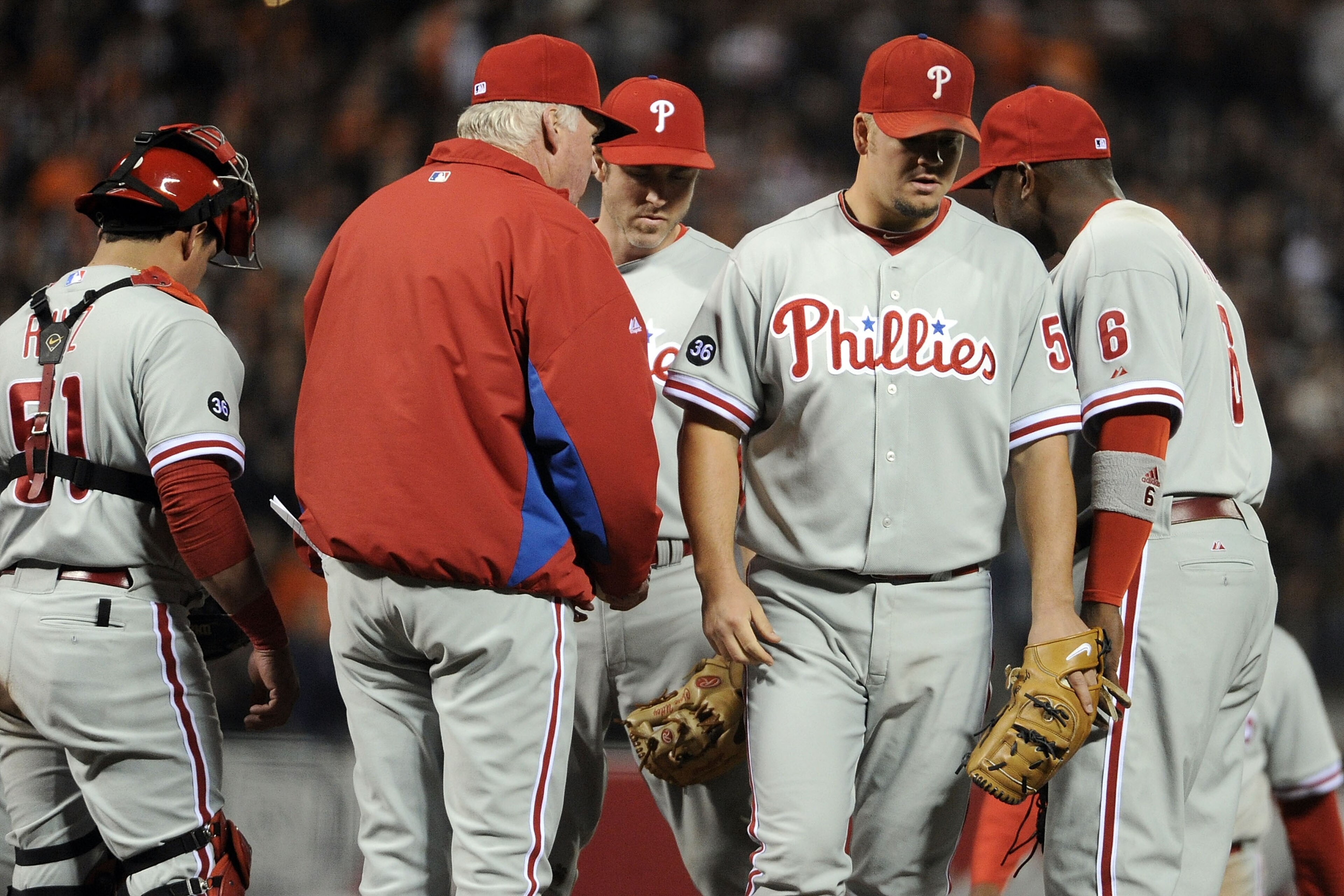 SAN FRANCISCO - OCTOBER 20:  Joe Blanton #56 of the Philadelphia Phillies is pulled in the fifth inning by manager Charlie Manuel in Game Four of the NLCS against the San Francisco Giants during the 2010 MLB Playoffs at AT&T Park on October 20, 2010 in Sa