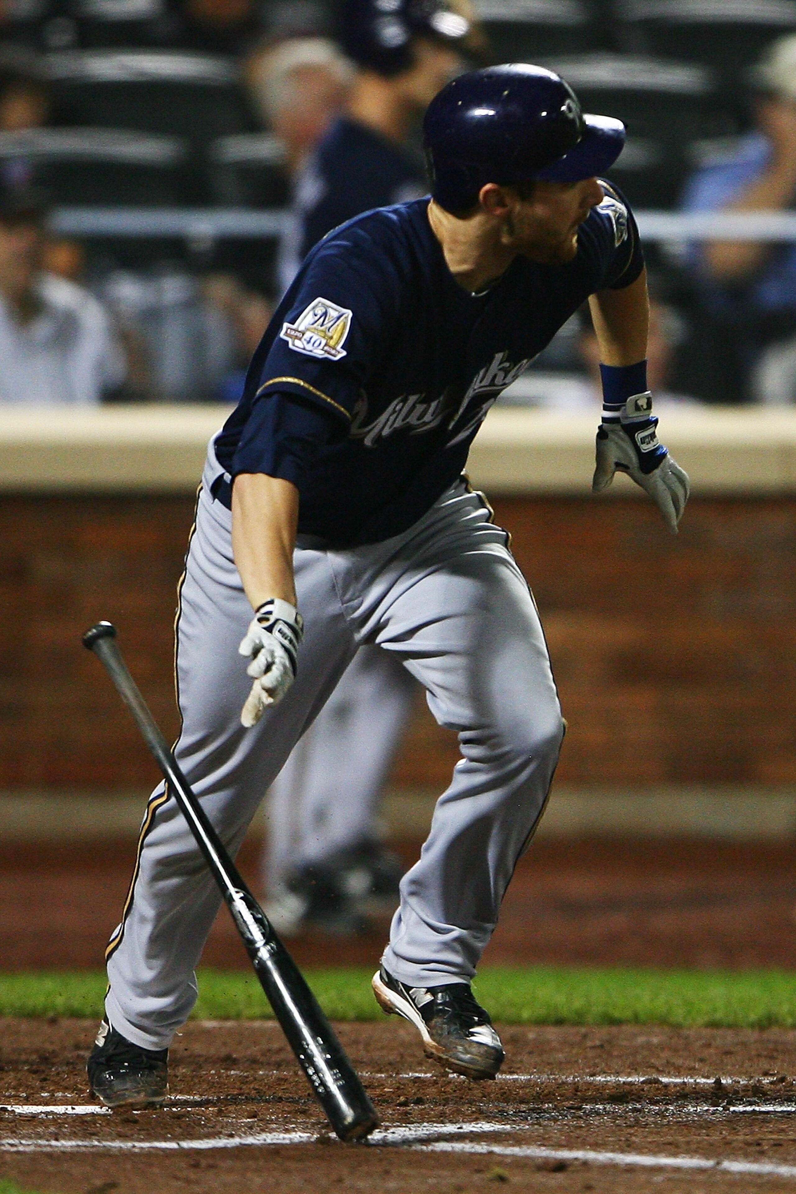 NEW YORK - SEPTEMBER 30:  Jonathan Lucroy #20 of the Milwaukee Brewers runs after hitting a one run single against the New York Mets in the second inning on September 30, 2010 at Citi Field in the Flushing neighborhood of the Queens borough of New York Ci