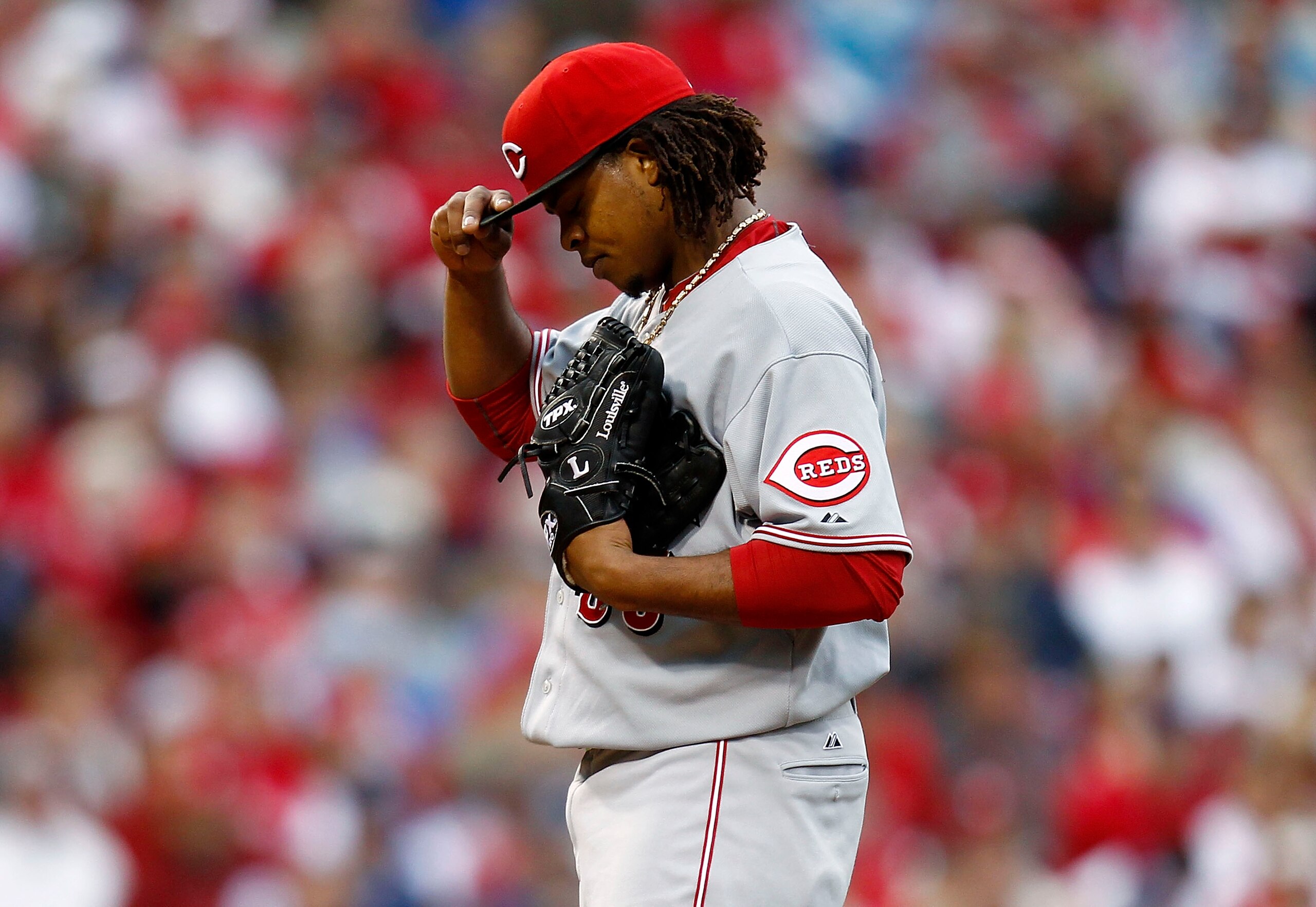 PHILADELPHIA - OCTOBER 06:  Edinson Volquez #36 of the Cincinnati Reds reacts in Game 1 of the NLDS against the Philadelphia Phillies at Citizens Bank Park on October 6, 2010 in Philadelphia, Pennsylvania.  (Photo by Jeff Zelevansky/Getty Images)