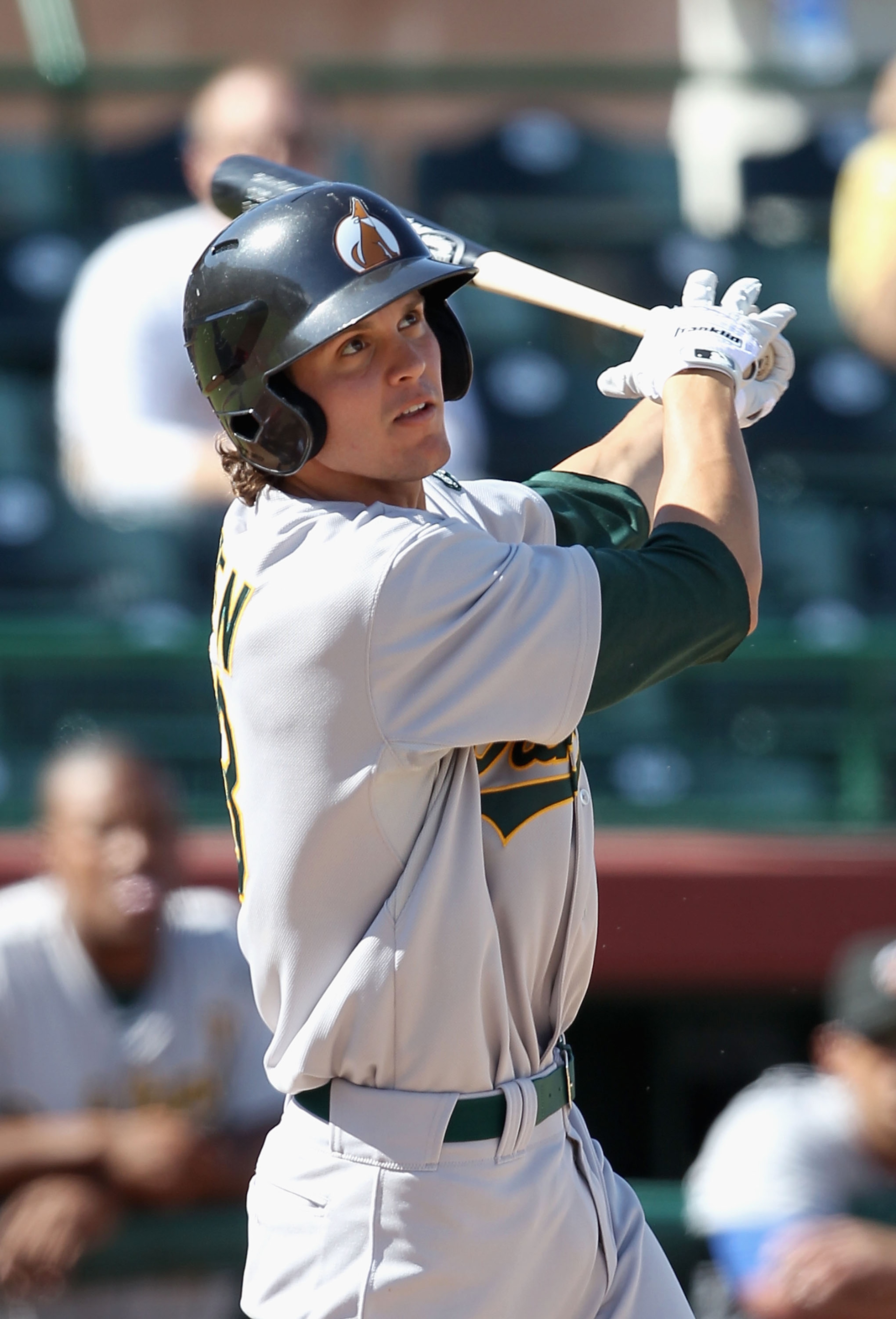 SCOTTSDALE, AZ - OCTOBER 23: Oakland Athletics prospect Grant Green playing for the Phoenix Desert Dogs bats against the Scottsdale Scorpions during the AZ Fall League game at Scottsdale Stadium on October 23, 2010 in Scottsdale, Arizona. (Photo by Chri SCOTTSDALE, AZ - OCTOBER 23: Oakland Athletics prospect Grant Green playing for the Phoenix Desert Dogs bats against the Scottsdale Scorpions during the AZ Fall League game at Scottsdale Stadium on October 23, 2010 in Scottsdale, Arizona. (Photo by Chri