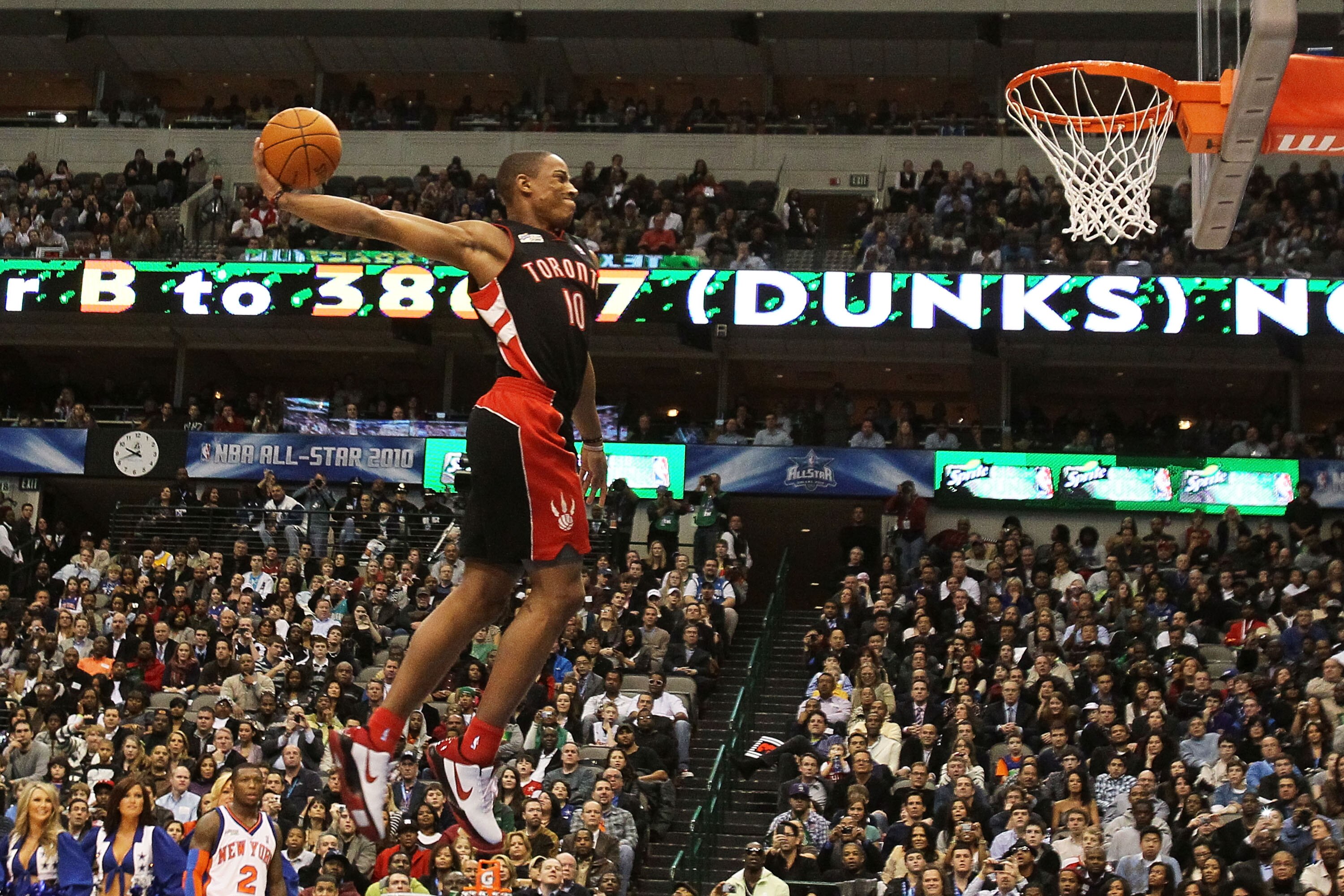 DALLAS - FEBRUARY 13:  DeMar DeRozan #10 of the Toronto Raptors goes up for a dunk during the Sprite Slam Dunk Contest on All-Star Saturday Night, part of 2010 NBA All-Star Weekend at American Airlines Center on February 13, 2010 in Dallas, Texas. NOTE TO
