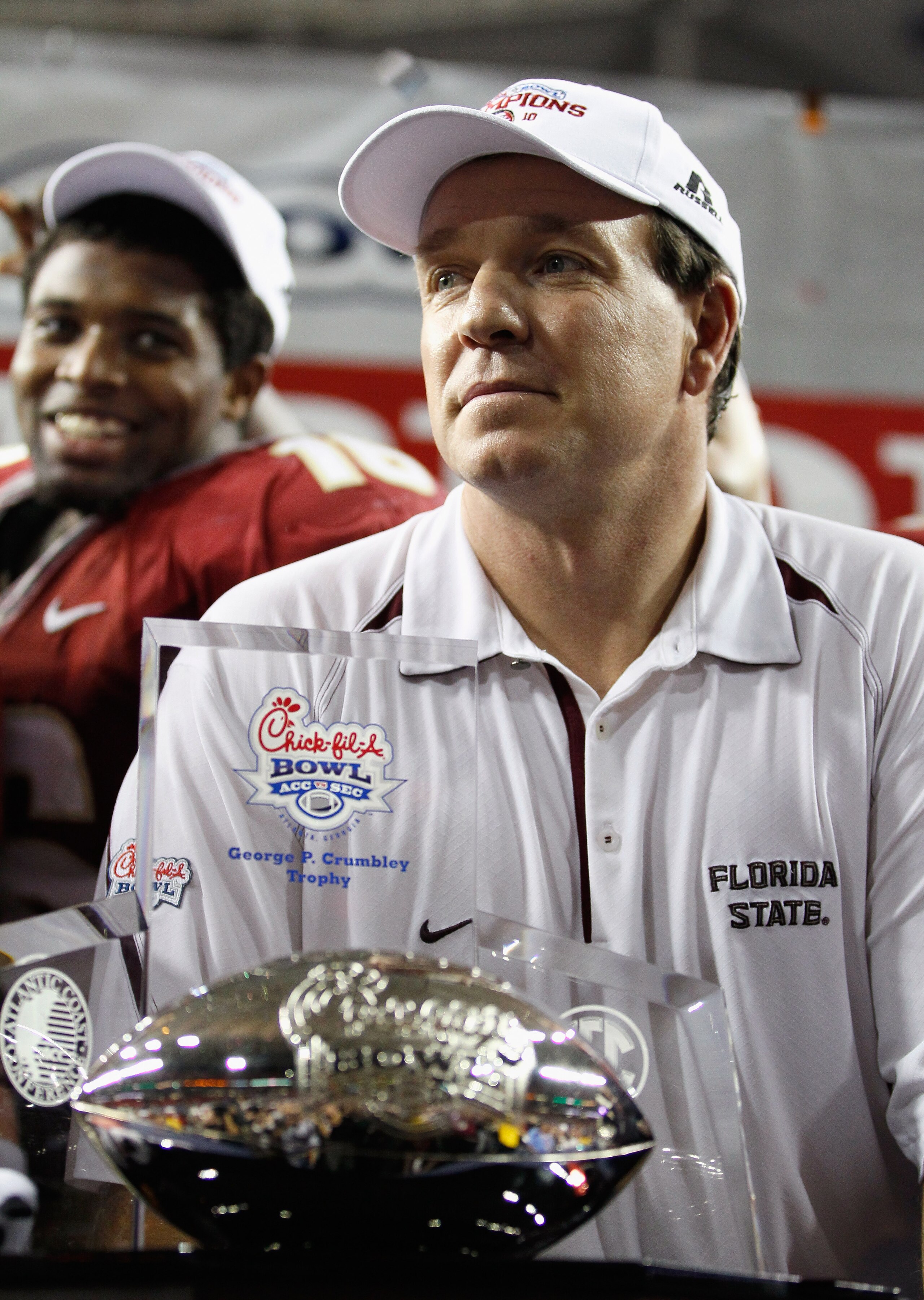 ATLANTA, GA - DECEMBER 31:  Head coach Jimbo Fisher of the Florida State Seminoles reacts after their 26-17 win over the South Carolina Gamecocks during the 2010 Chick-fil-A Bowl at Georgia Dome on December 31, 2010 in Atlanta, Georgia.  (Photo by Kevin C