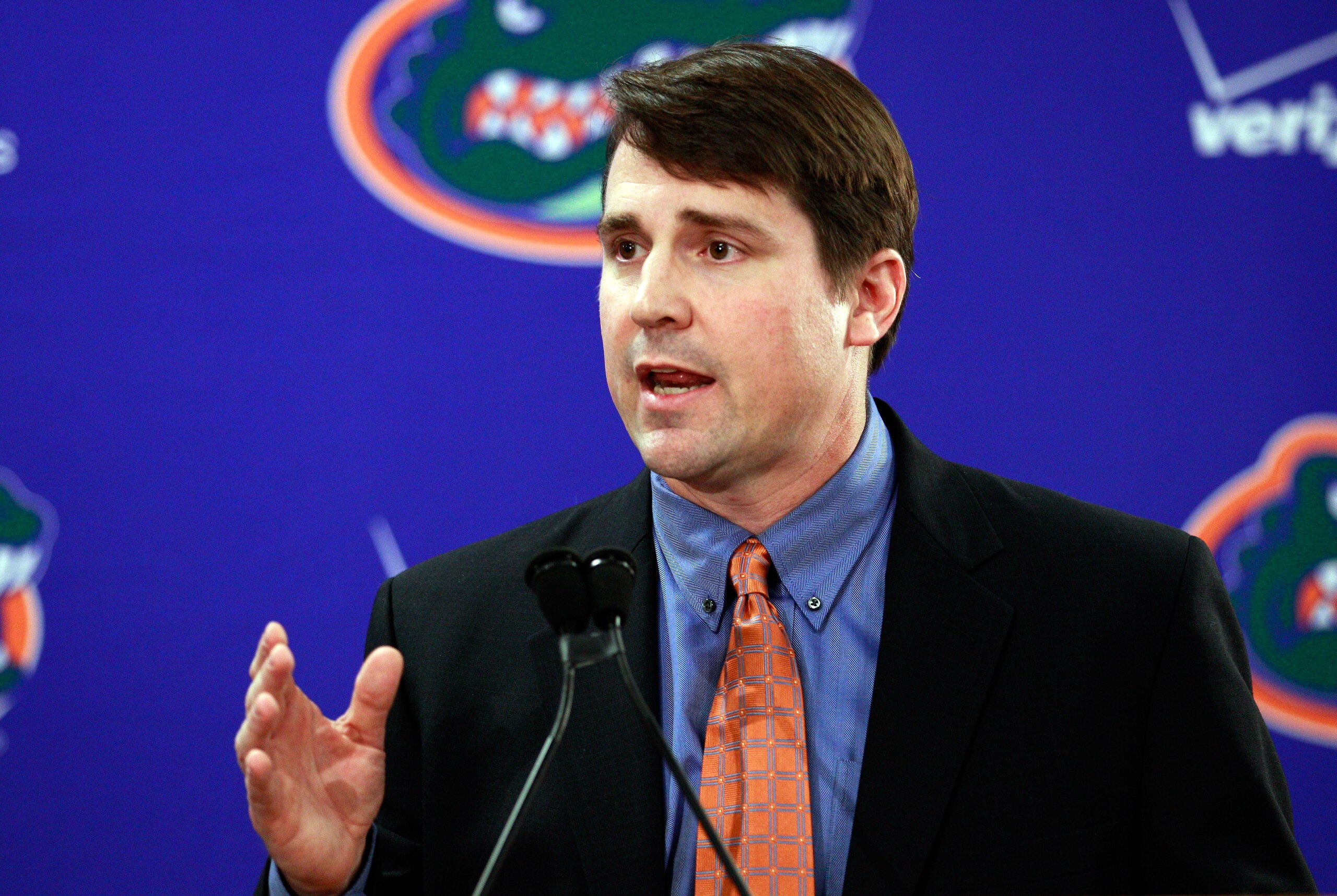 GAINESVILLE, FL - DECEMBER 14:  Former defensive coordinator for the University of Texas, Will Muschamp speaks to the media after being introduced as the head coach of the University of Florida on December 14, 2010 in Gainesville, Florida.  Muschamp is re