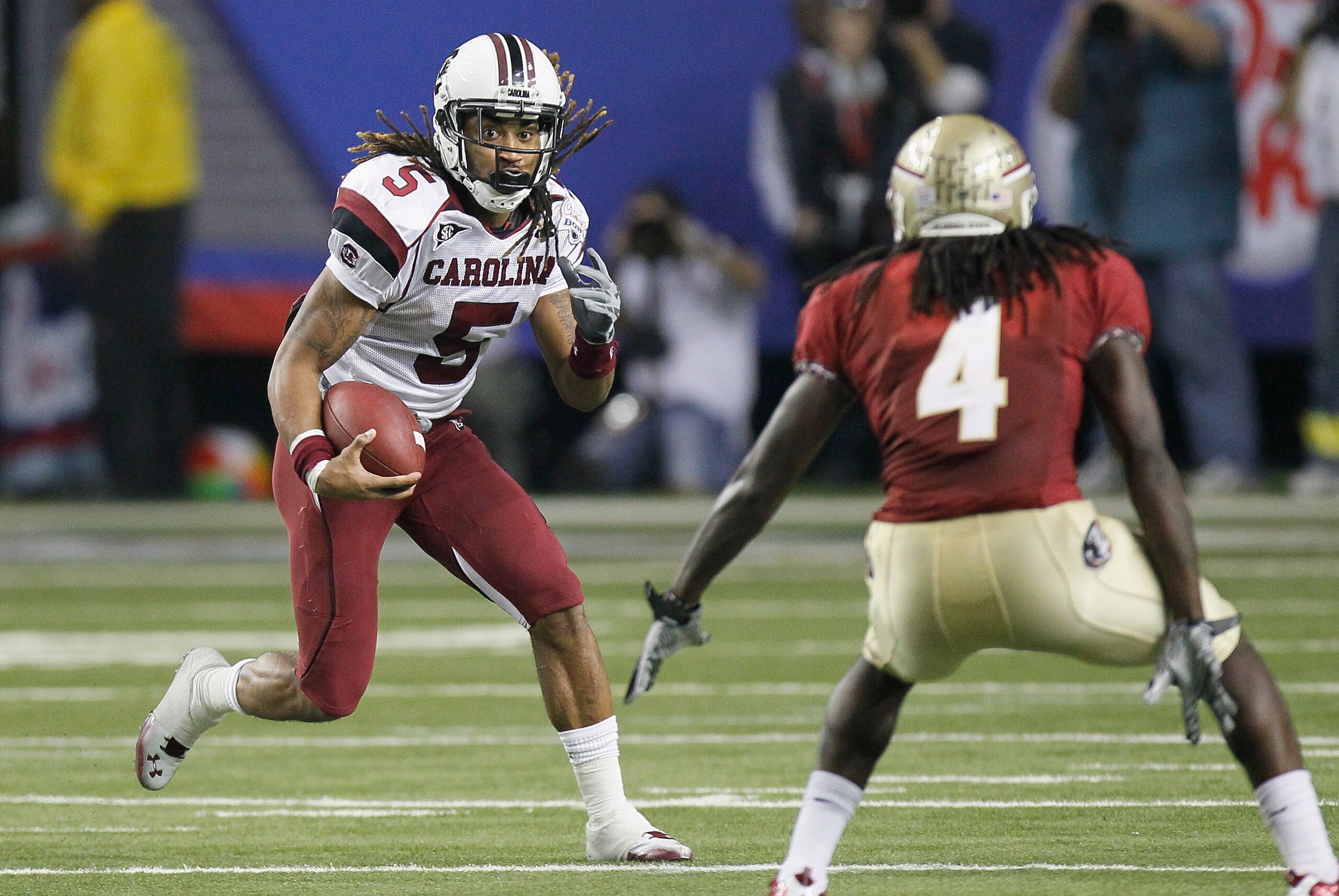 ATLANTA, GA - DECEMBER 31:  Stephon Gilmore #5 of the South Carolina Gamecocks against the Florida State Seminoles during the 2010 Chick-fil-A Bowl at Georgia Dome on December 31, 2010 in Atlanta, Georgia.  (Photo by Kevin C. Cox/Getty Images)