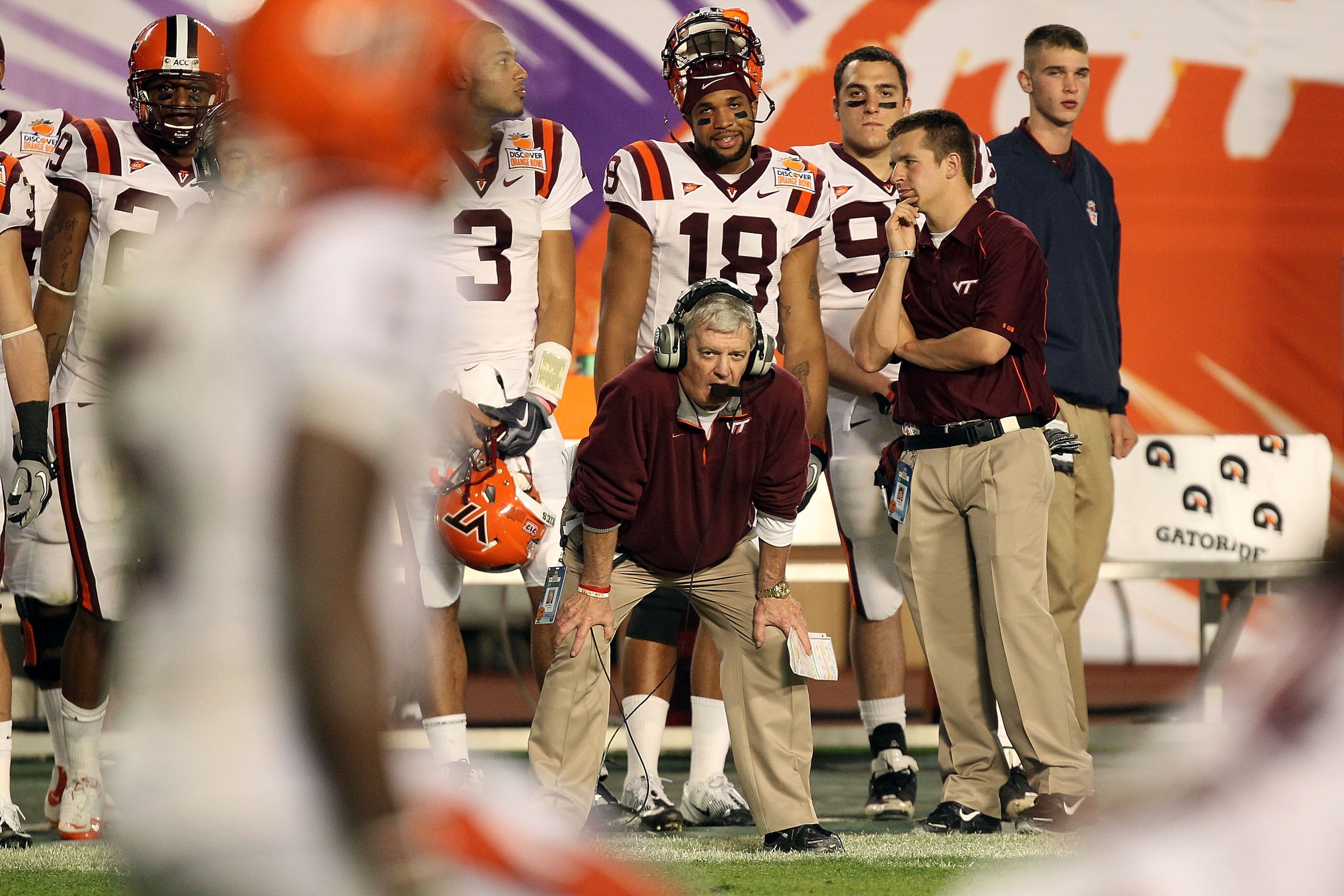 MIAMI, FL - JANUARY 03: Head coach Frank Beamer of the Virginia Tech Hokies looks on against the Stanford Cardinal during the 2011 Discover Orange Bowl at Sun Life Stadium on January 3, 2011 in Miami, Florida. Stanford won 40-12. (Photo by Streeter Lecka/