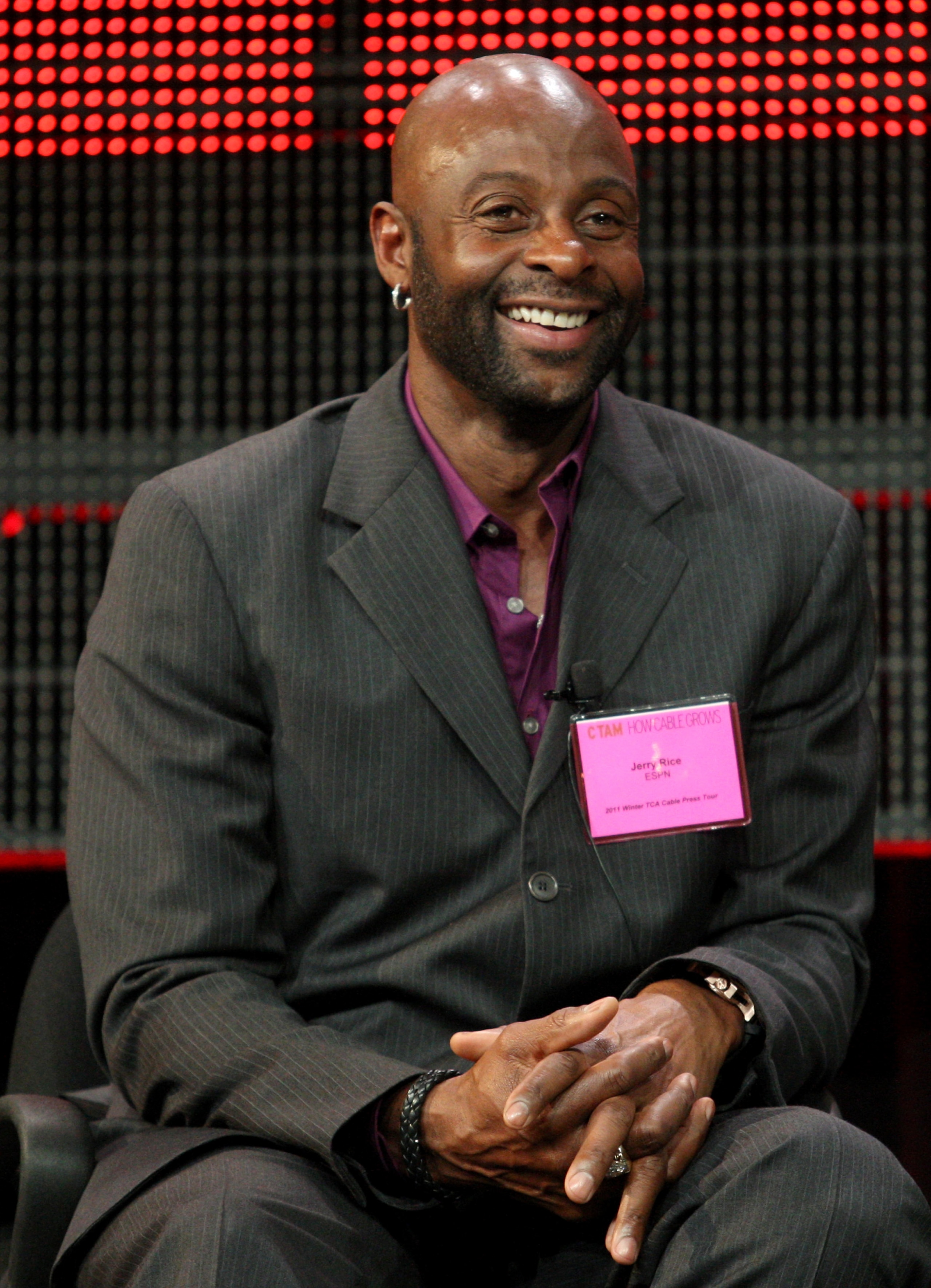 PASADENA, CA - JANUARY 05:  NFL Hall of Famer Jerry Rice speaks onstage during the 'Year of the Quarterback' panel at the ESPN portion of the 2011 Winter TCA press tour held at the Langham Hotel on January 5, 2011 in Pasadena, California.  (Photo by Frede