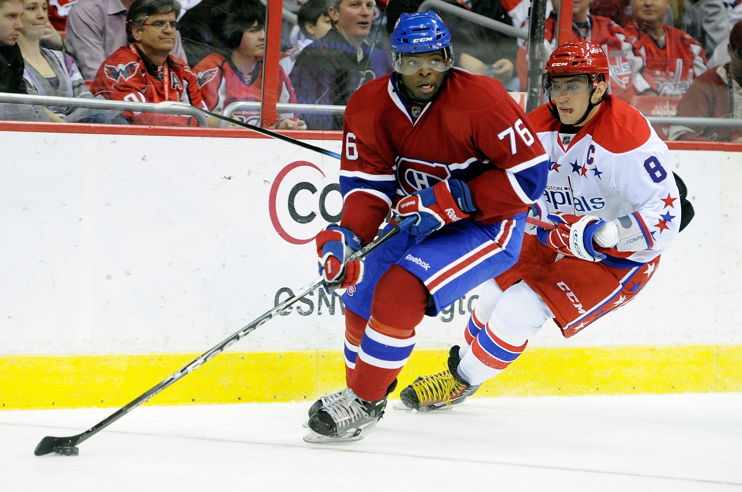 WASHINGTON, DC - FEBRUARY 01:  P.K. Subban #76 of the Montreal Canadiens handles the puck against Alex Ovechkin #8 of the Washington Capitals at the Verizon Center on February 1, 2011 in Washington, DC.  (Photo by Greg Fiume/Getty Images)