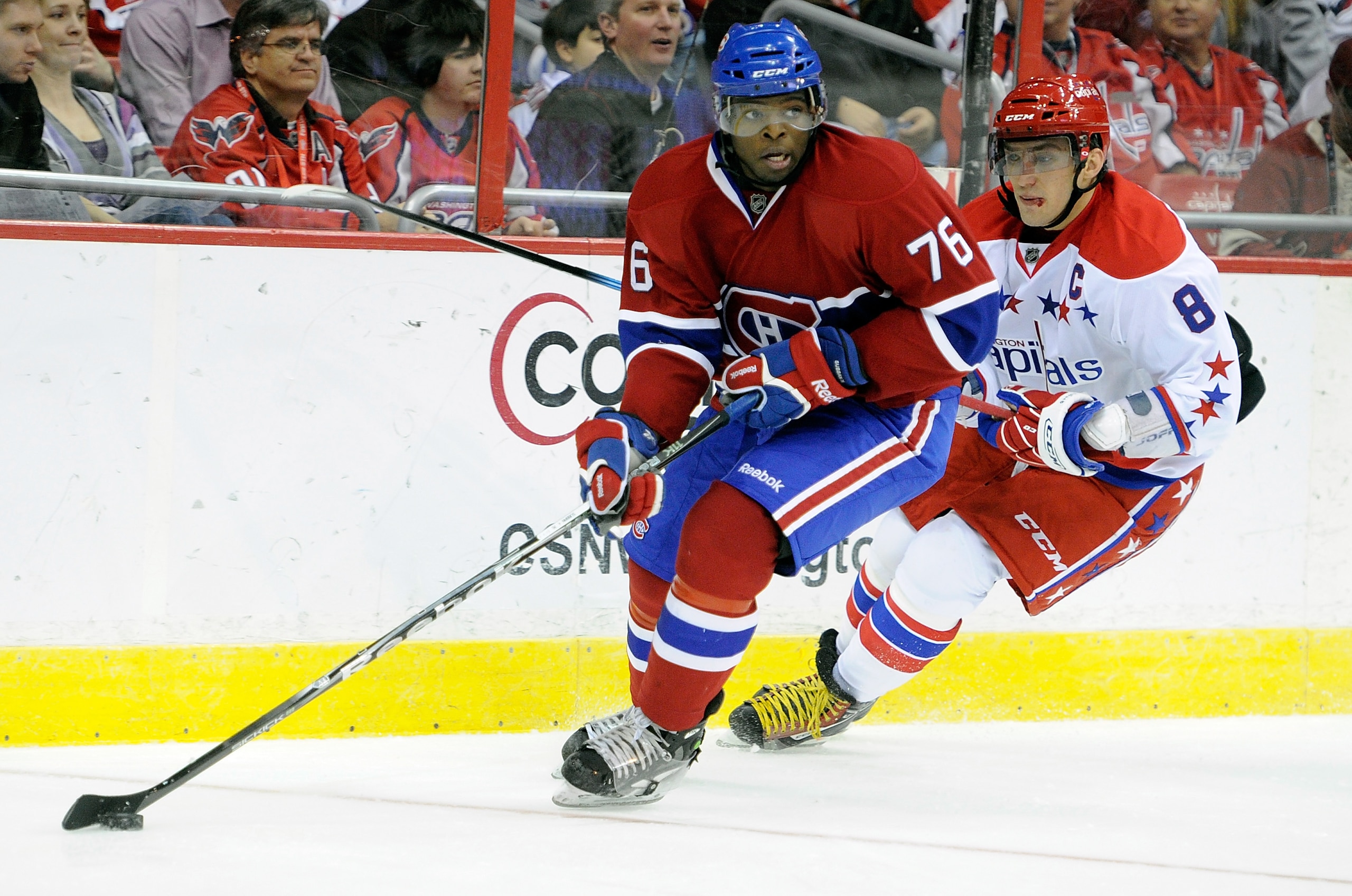 WASHINGTON, DC - FEBRUARY 01:  P.K. Subban #76 of the Montreal Canadiens handles the puck against Alex Ovechkin #8 of the Washington Capitals at the Verizon Center on February 1, 2011 in Washington, DC.  (Photo by Greg Fiume/Getty Images)