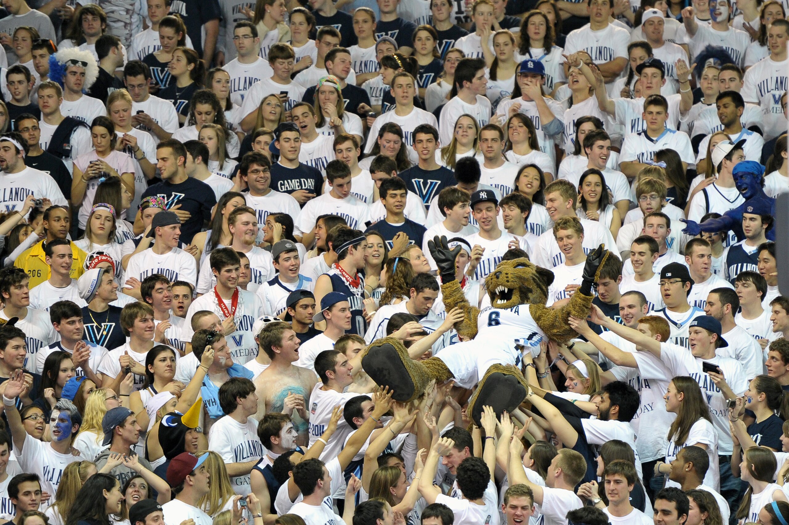 VILLANOVA, PA - FEBRUARY 12: Villanova Wildcat fans carry the mascot up through the crowd during the game against the Pittsburgh Panthers at The Pavilion on February 12, 2011 in Villanova, Pennsylvania. Pittsburgh won 57-54. (Photo by Drew Hallowell/Gett VILLANOVA, PA - FEBRUARY 12: Villanova Wildcat fans carry the mascot up through the crowd during the game against the Pittsburgh Panthers at The Pavilion on February 12, 2011 in Villanova, Pennsylvania. Pittsburgh won 57-54. (Photo by Drew Hallowell/Gett