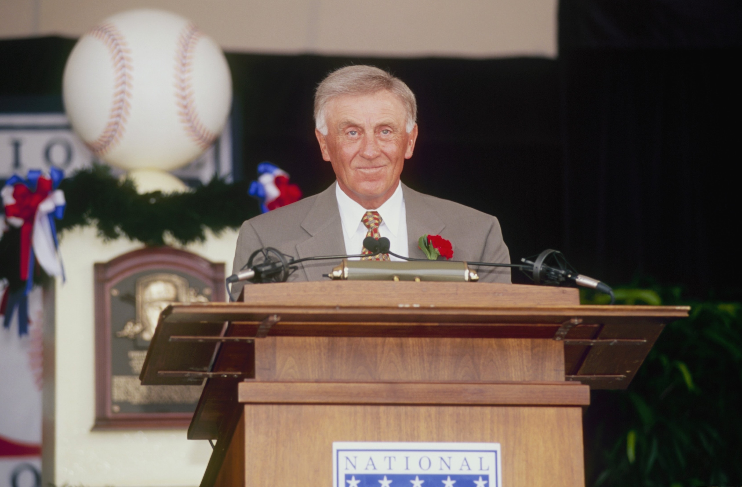 COOPERSTOWN, NY - AUGUST 3: Phil Neikro is honored during the Hall of Fame Induction Ceremony on August 3, 1997 at the Clark Sports Center in Cooperstown, New York. (Photo by Tomasso DeRosa/Getty Images) COOPERSTOWN, NY - AUGUST 3: Phil Neikro is honored during the Hall of Fame Induction Ceremony on August 3, 1997 at the Clark Sports Center in Cooperstown, New York. (Photo by Tomasso DeRosa/Getty Images)