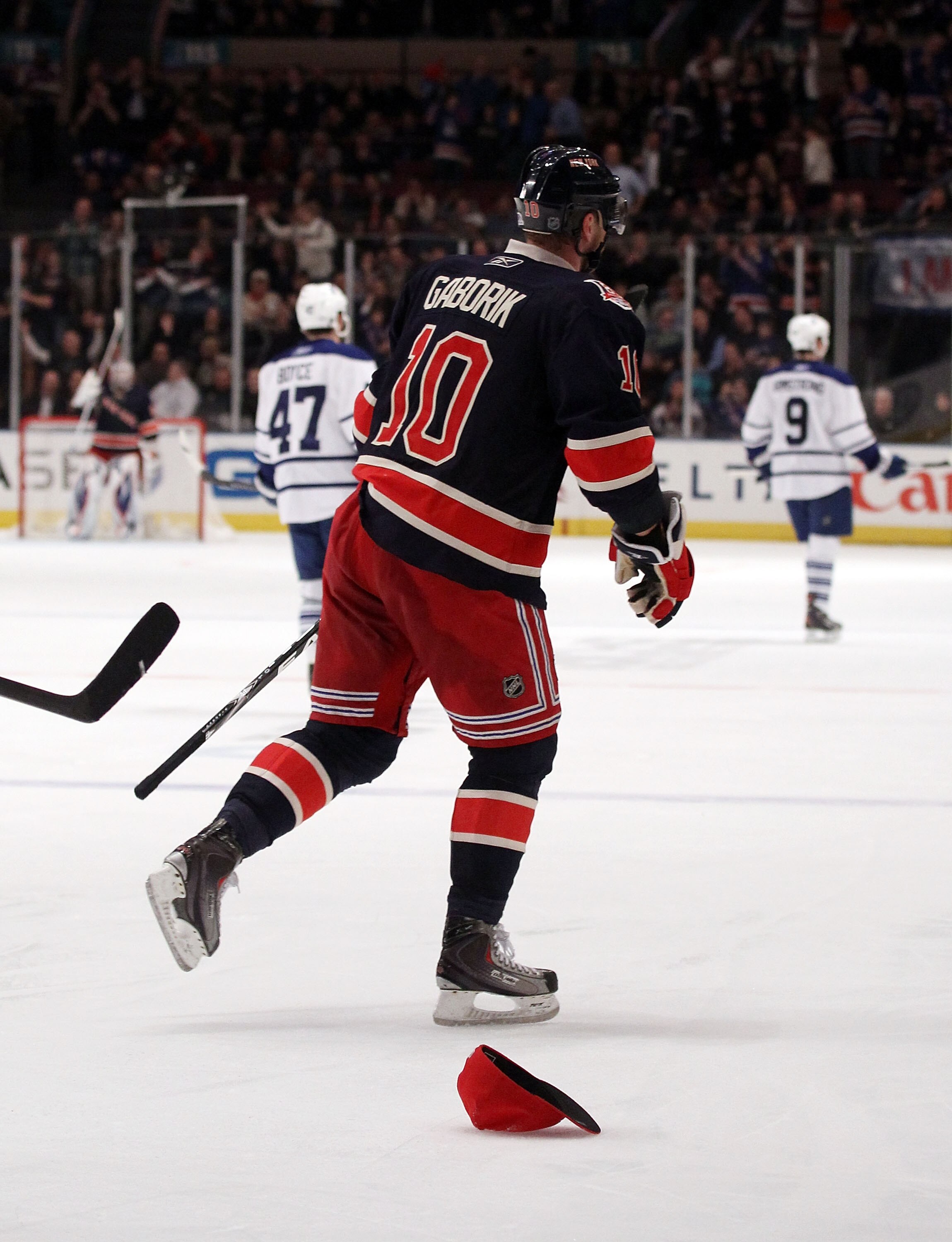 NEW YORK, NY - JANUARY 19:  Marian Gaborik #10 of the New York Rangers returns to the bench after scoring his hattrick goal against the Toronto Maple Leafs at Madison Square Garden on January 19, 2011 in New York City.  (Photo by Bruce Bennett/Getty Image