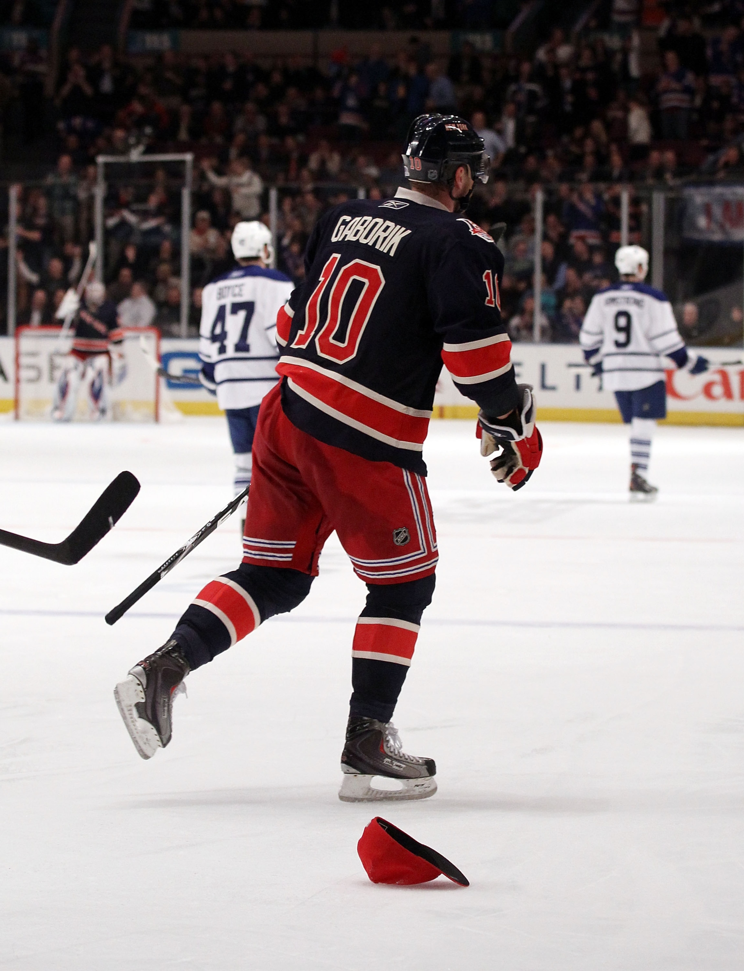 NEW YORK, NY - JANUARY 19:  Marian Gaborik #10 of the New York Rangers returns to the bench after scoring his hattrick goal against the Toronto Maple Leafs at Madison Square Garden on January 19, 2011 in New York City.  (Photo by Bruce Bennett/Getty Image