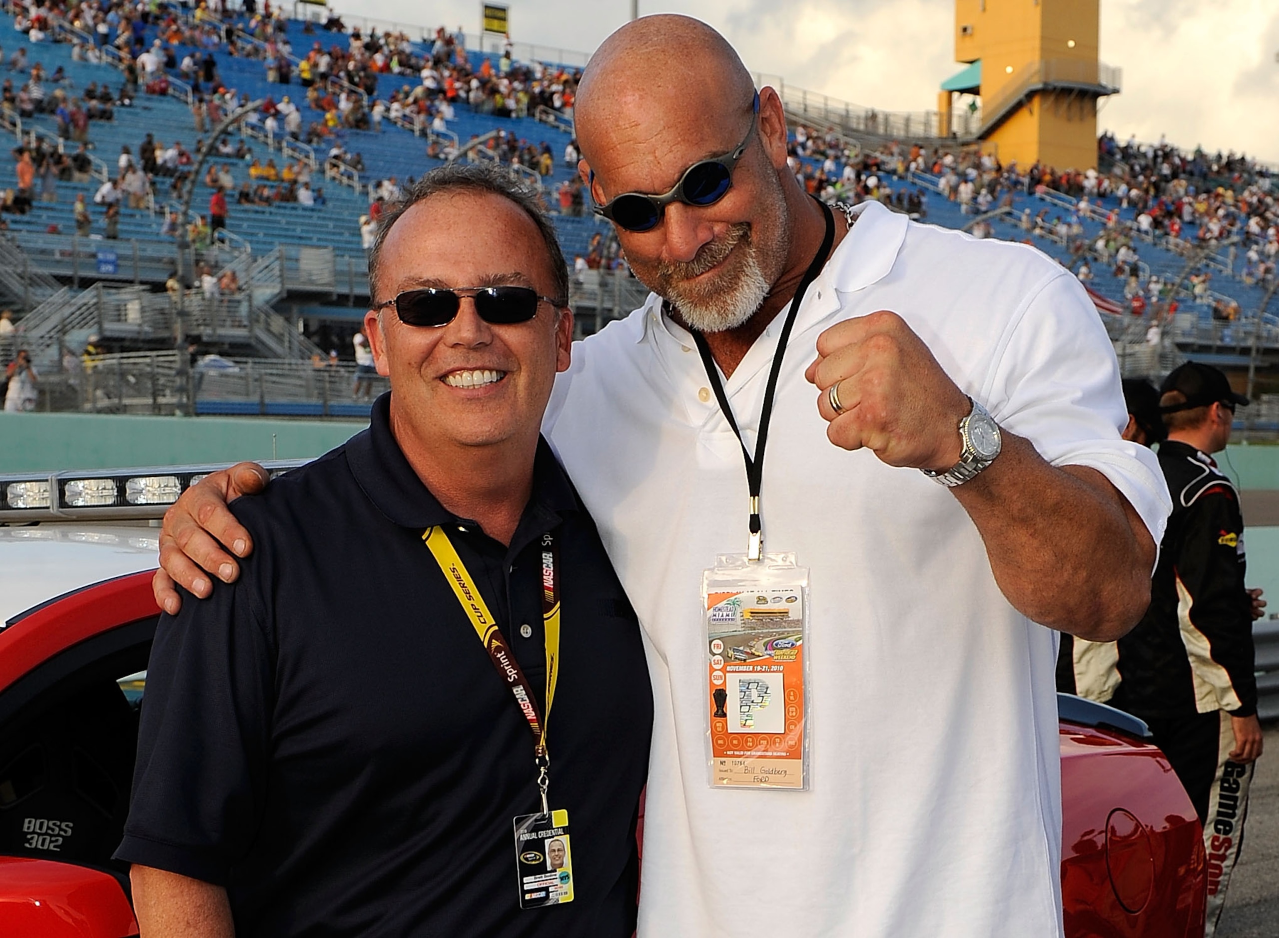 HOMESTEAD, FL - NOVEMBER 20: Actor Bill Goldberg poses with Brett Bodine prior to the NASCAR Nationwide Series Ford 300 at Homestead-Miami Speedway on November 20, 2010 in Homestead, Florida. (Photo by Rusty Jarrett/Getty Images for NASCAR) HOMESTEAD, FL - NOVEMBER 20: Actor Bill Goldberg poses with Brett Bodine prior to the NASCAR Nationwide Series Ford 300 at Homestead-Miami Speedway on November 20, 2010 in Homestead, Florida. (Photo by Rusty Jarrett/Getty Images for NASCAR)