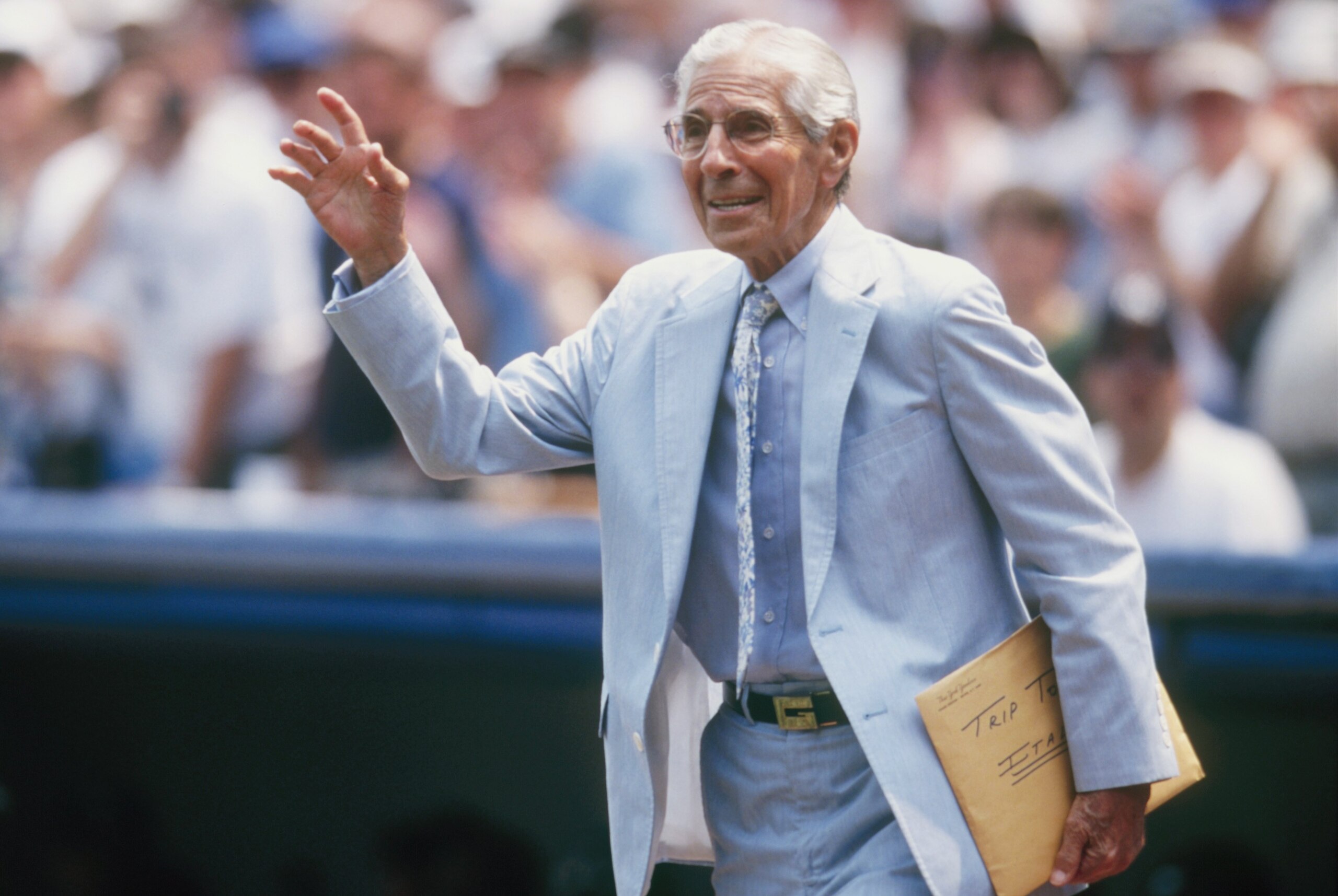 BRONX, NY - JULY 18: Phil Rizzuto attends a pre-game ceremony in honor of 'Yogi Berra Day' during the MLB game between the Montreal Expos and the New York Yankees on July 18, 1999 at Yankee Stadium in the Bronx, New York. The Yankees defeated the Expos 6 BRONX, NY - JULY 18: Phil Rizzuto attends a pre-game ceremony in honor of 'Yogi Berra Day' during the MLB game between the Montreal Expos and the New York Yankees on July 18, 1999 at Yankee Stadium in the Bronx, New York. The Yankees defeated the Expos 6