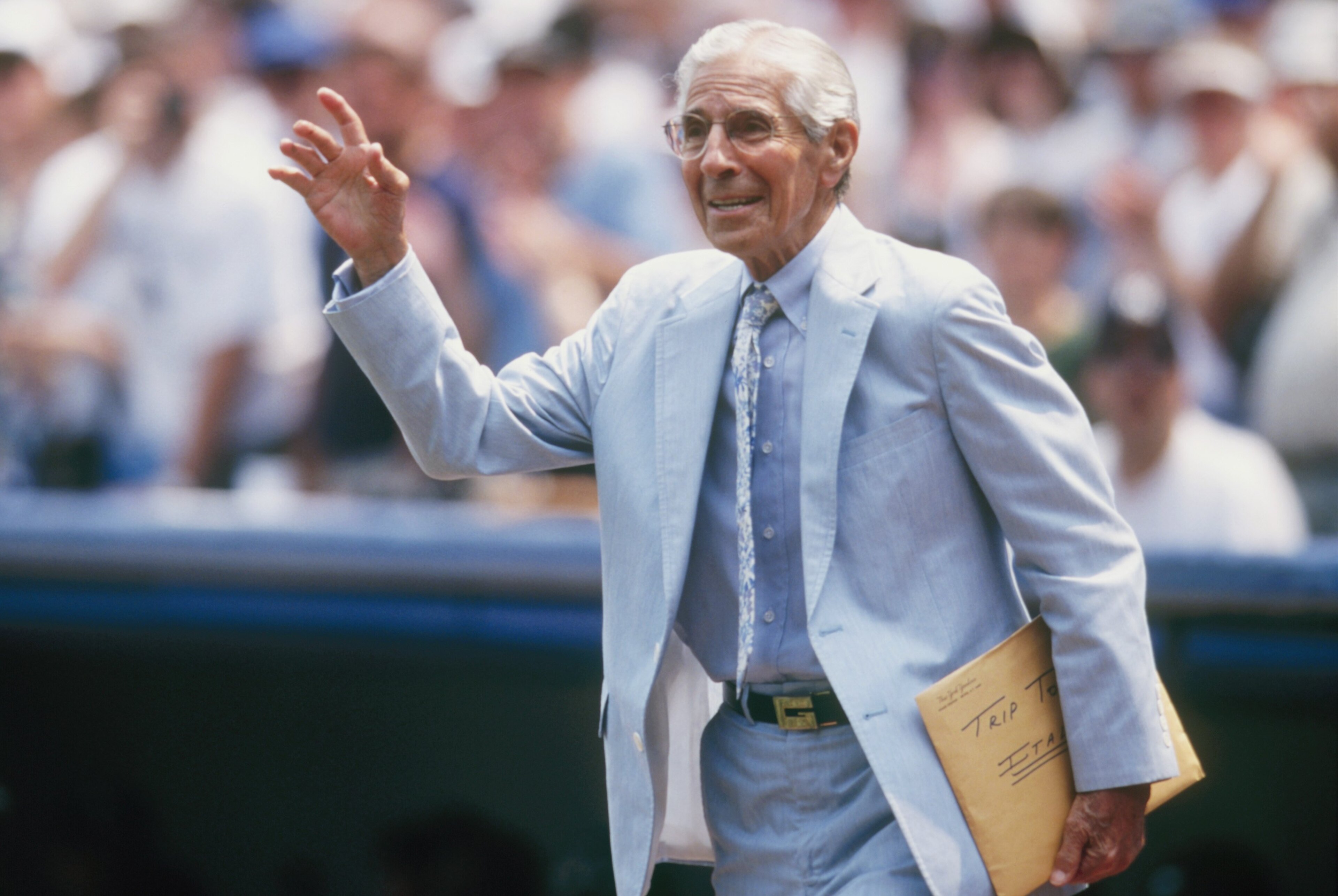 BRONX, NY - JULY 18: Phil Rizzuto attends a pre-game ceremony in honor of 'Yogi Berra Day' during the MLB game between the Montreal Expos and the New York Yankees on July 18, 1999 at Yankee Stadium in the Bronx, New York. The Yankees defeated the Expos 6 BRONX, NY - JULY 18: Phil Rizzuto attends a pre-game ceremony in honor of 'Yogi Berra Day' during the MLB game between the Montreal Expos and the New York Yankees on July 18, 1999 at Yankee Stadium in the Bronx, New York. The Yankees defeated the Expos 6