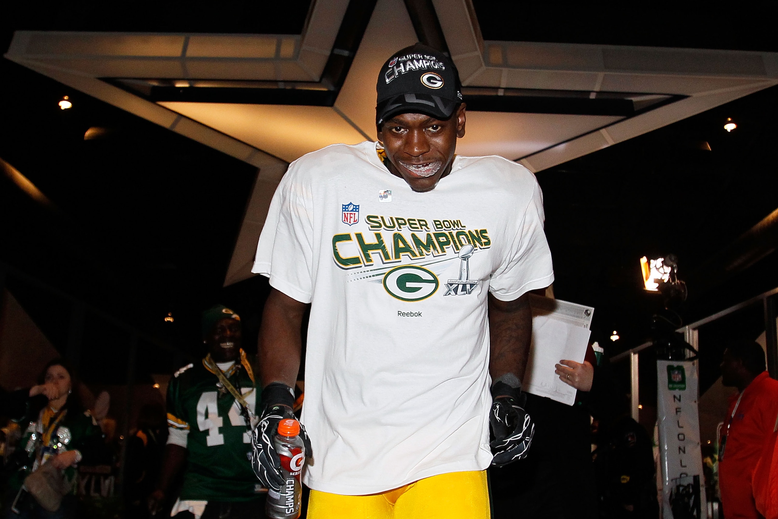 ARLINGTON, TX - FEBRUARY 06:  James Starks #44 of the Green Bay Packers celebrates after they defeated the Pittsburgh Steelers 31 to 25 during Super Bowl XLV at Cowboys Stadium on February 6, 2011 in Arlington, Texas.  (Photo by Kevin C. Cox/Getty Images)